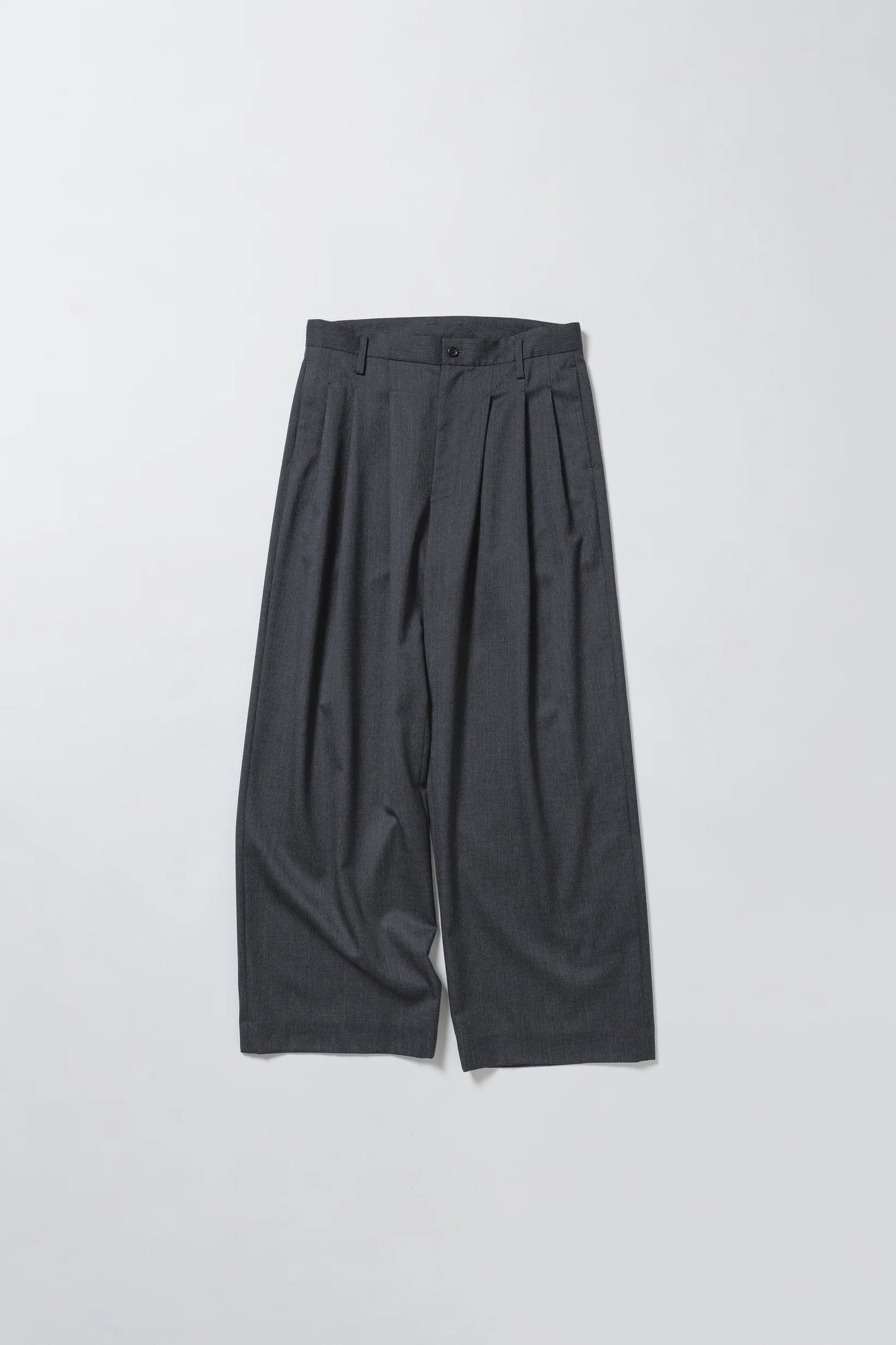nakedgauge - WOOL GABARDINE 3PLEAT WIDE SLACKS - CHARCOAL GRAY