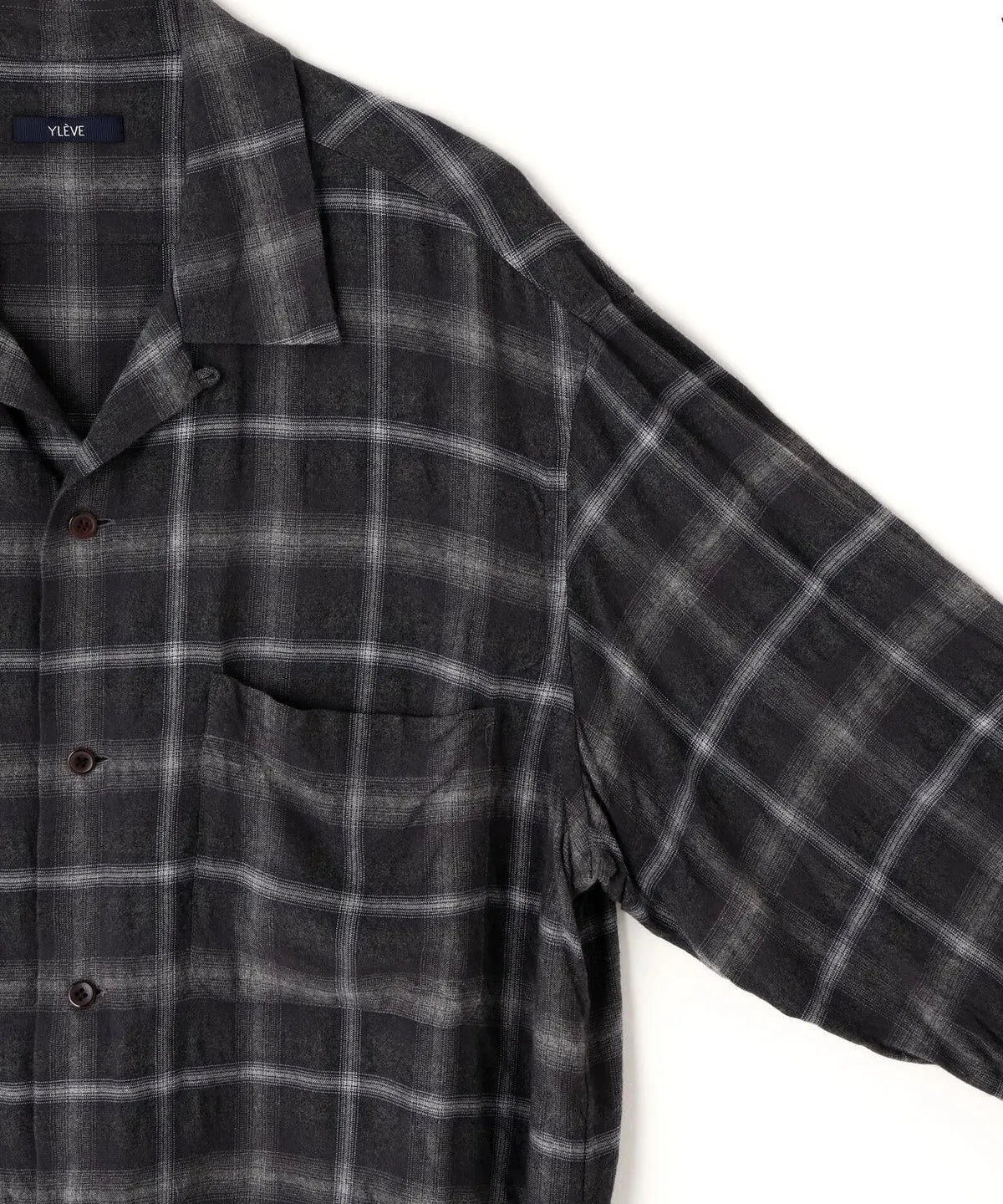 YLÈVE - BRUSHED RAYON CHECK OPEN/COLLAR SHIRT - GREY