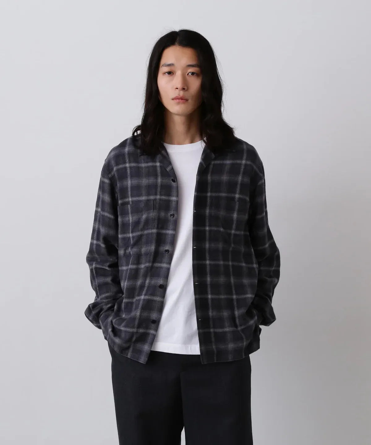 YLÈVE - BRUSHED RAYON CHECK OPEN/COLLAR SHIRT - GREY