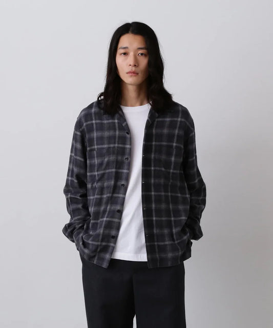 YLÈVE - BRUSHED RAYON CHECK OPEN/COLLAR SHIRT - GREY