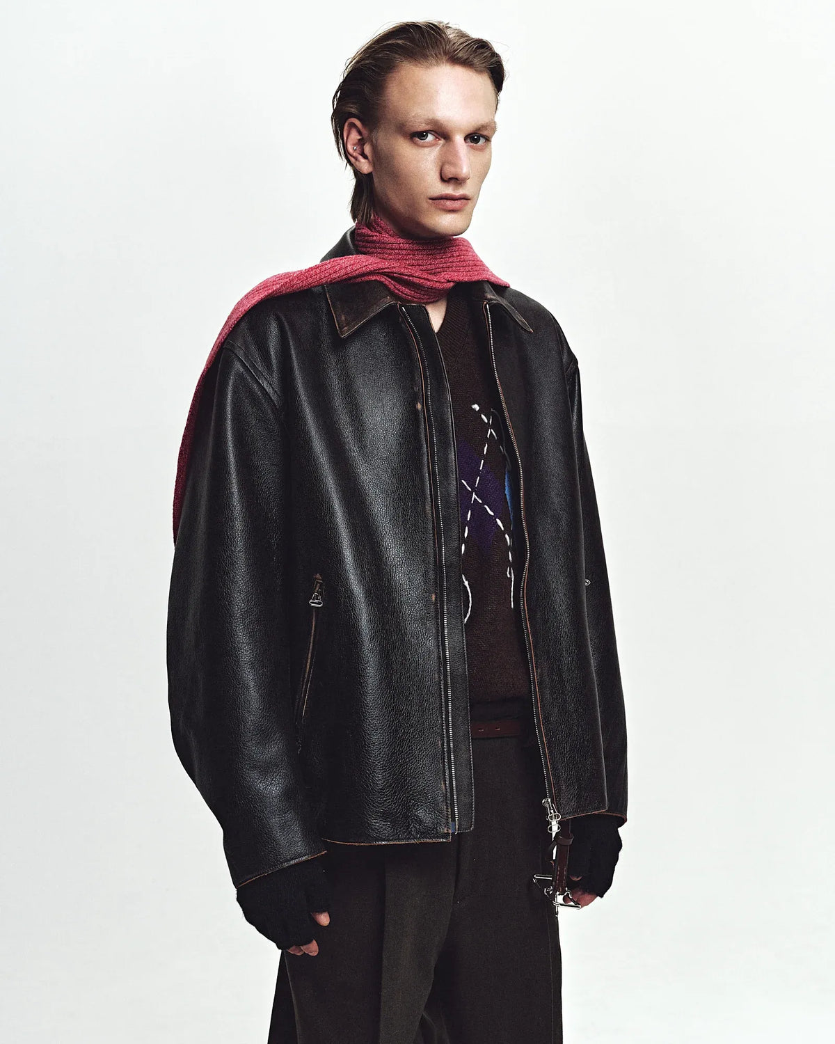 JOHN MASON SMITH / JANE SMITH - COW LEATHER VINTAGE FINISHED ZIP BLOUSON - BLACK BROWN