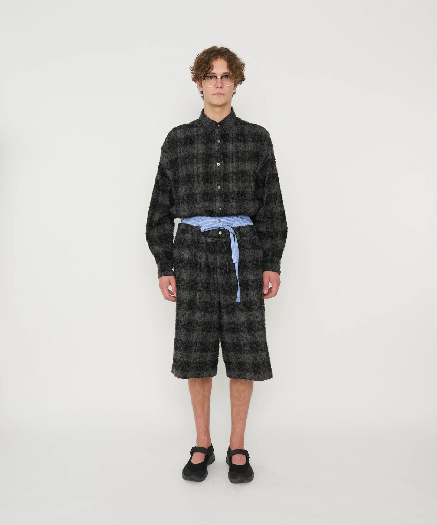 JOHN MASON SMITH / JANE SMITH - COTTON FLANNEL NEEDLE PUNCH OVERSIZED REGULAR COLLAR SHIRTS - GRAY