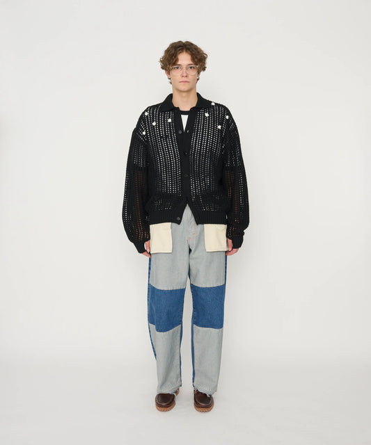 JOHN MASON SMITH / JANE SMITH - 7G MESH POLO COLLAR CARDIGAN - BLACK