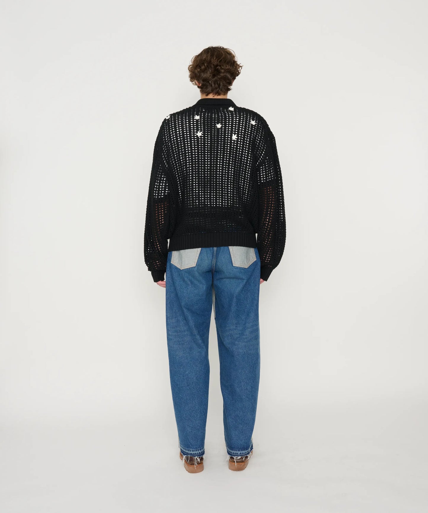 JOHN MASON SMITH / JANE SMITH - 7G MESH POLO COLLAR CARDIGAN - BLACK