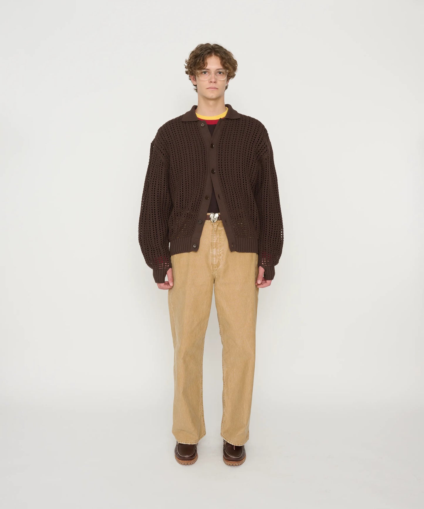 JOHN MASON SMITH / JANE SMITH - 7G MESH POLO COLLAR CARDIGAN - BROWN