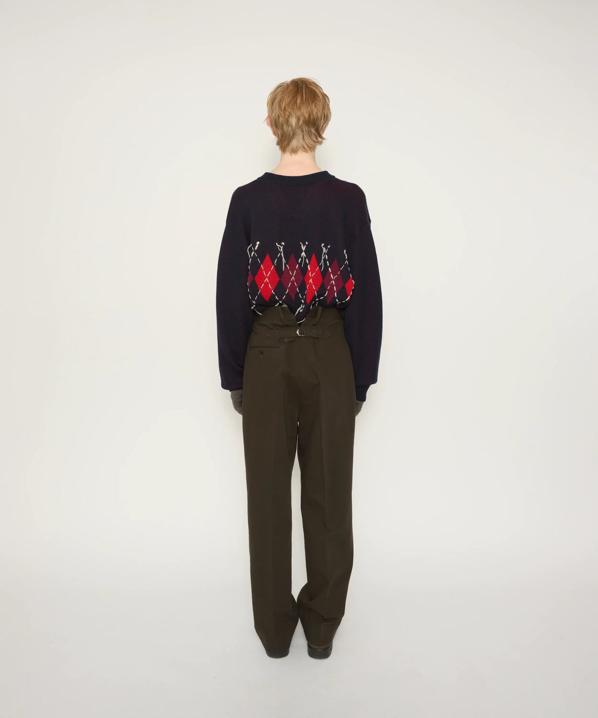 JOHN MASON SMITH / JANE SMITH - 7G DOUBLE JACQUARD ARGYLE V NECK SWEATER - GRAY