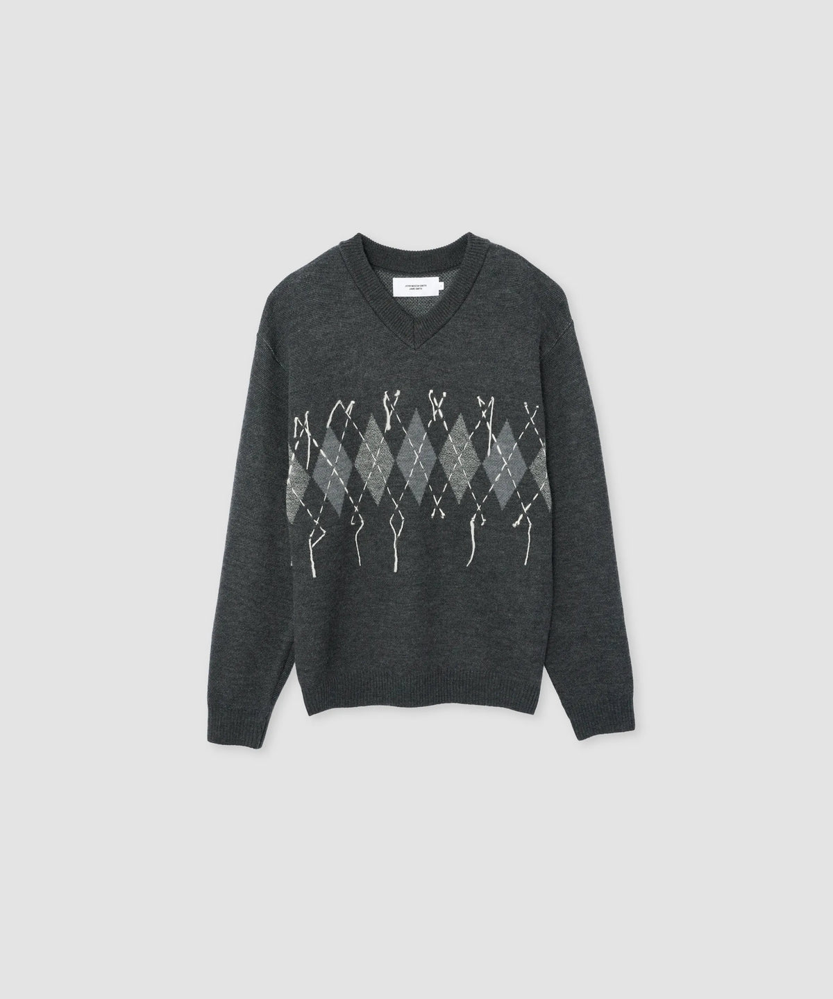 JOHN MASON SMITH / JANE SMITH - 7G DOUBLE JACQUARD ARGYLE V NECK SWEATER - GRAY