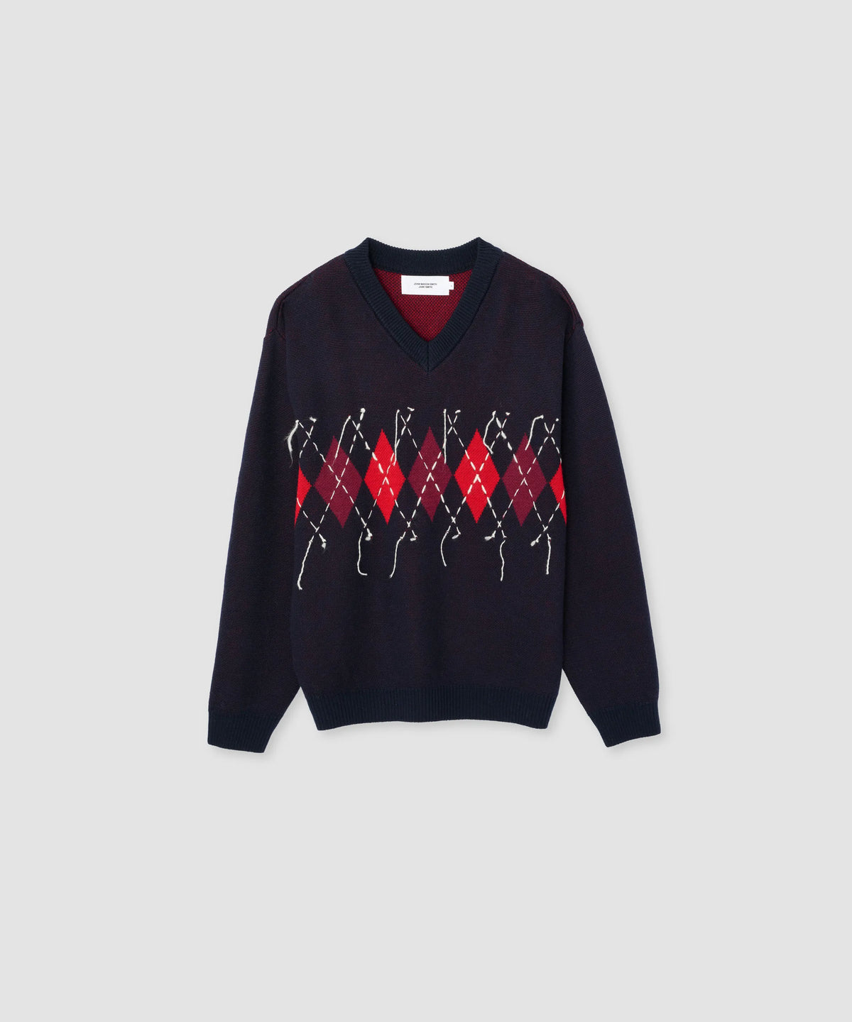 JOHN MASON SMITH / JANE SMITH - 7G DOUBLE JACQUARD ARGYLE V NECK SWEATER - NAVY