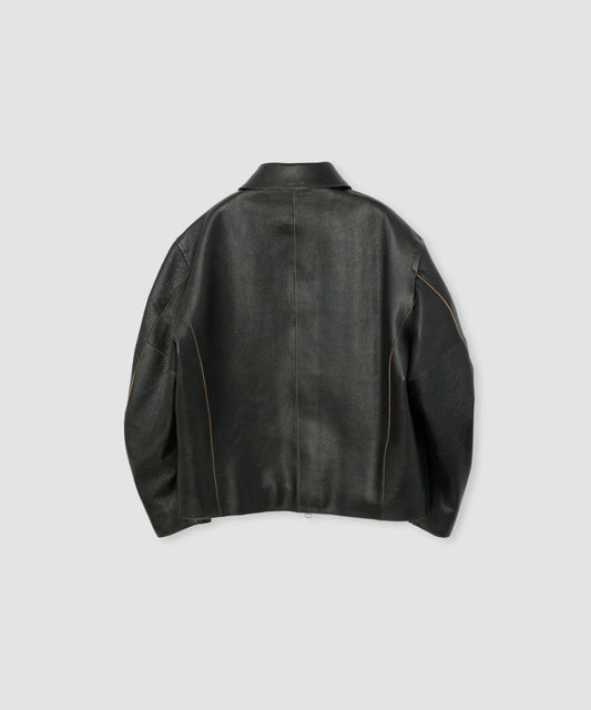 JOHN MASON SMITH / JANE SMITH - COW LEATHER VINTAGE FINISHED ZIP BLOUSON - BLACK BROWN