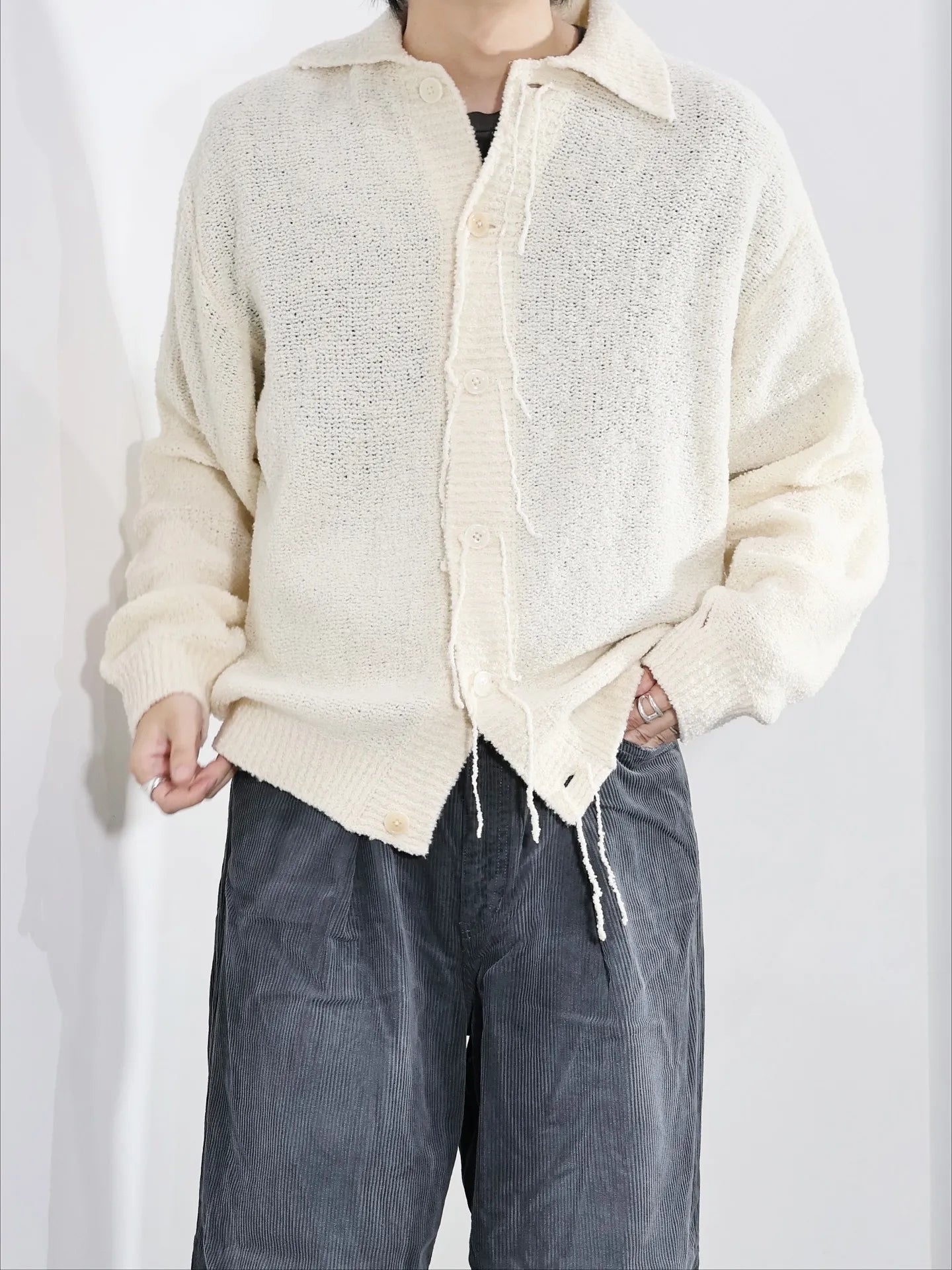 JOHN MASON SMITH / JANE SMITH - 5G REVERSE STICHES POLO COLLAR KNIT CARDIGAN - OFF WHITE