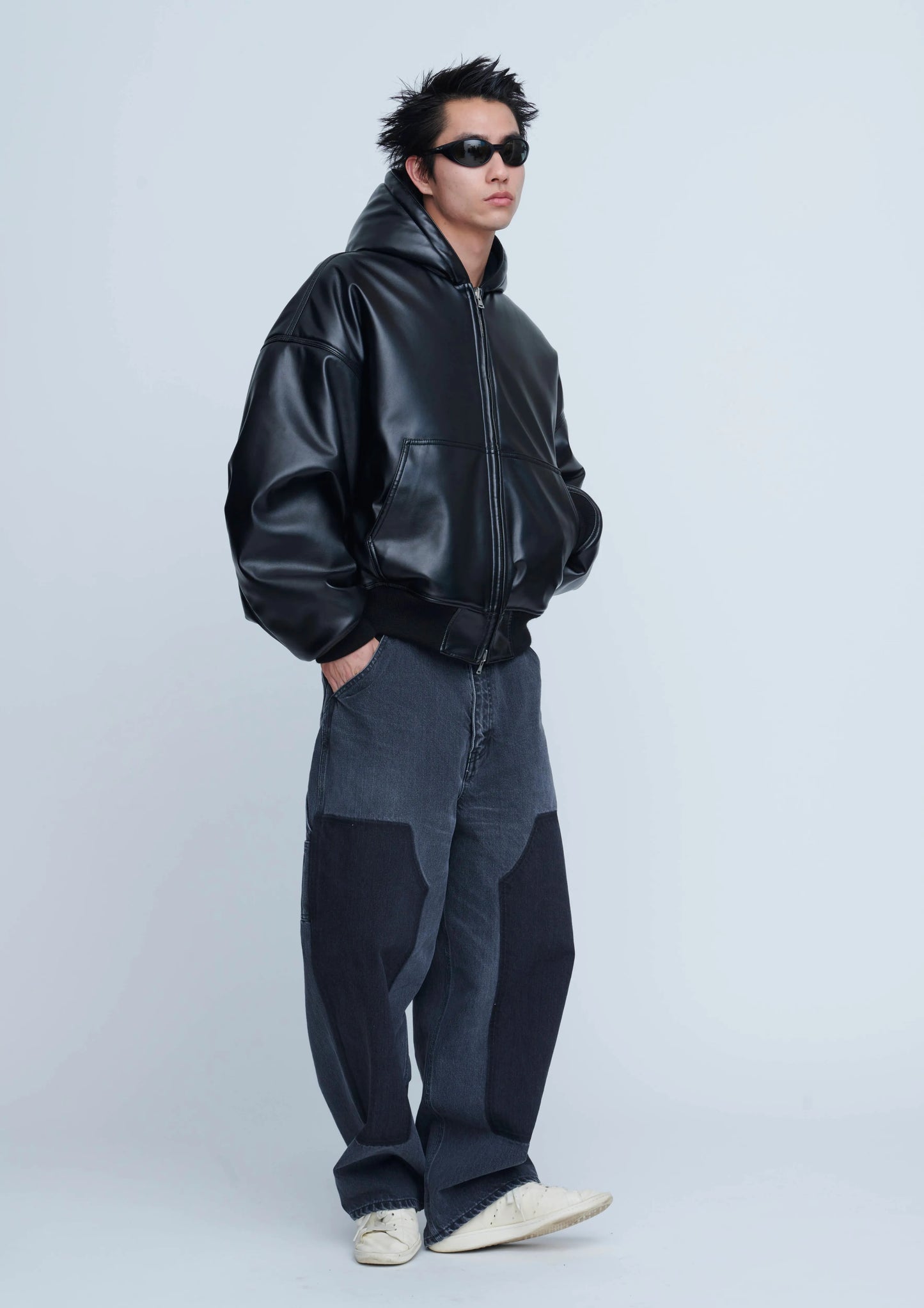INSCRIRE - Leather Zip Up Hoodie - BLACK