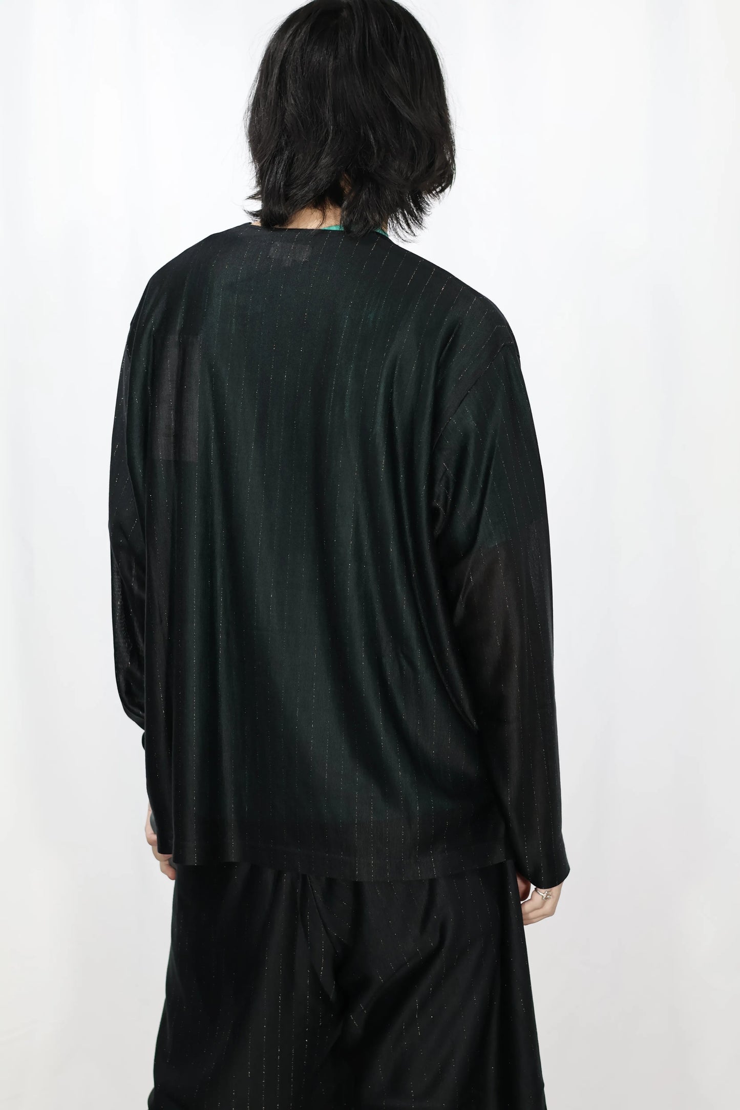 KANEMASA PHIL. - 28G Silk Ramie Glittery Stripe LS Tee - BLACK