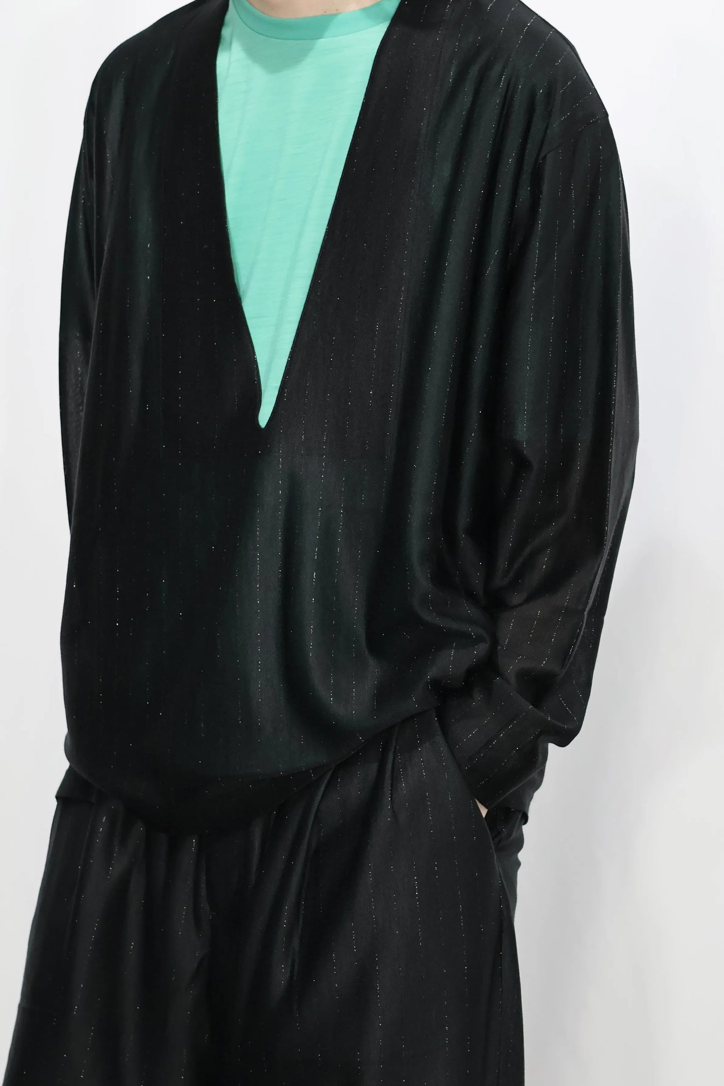 KANEMASA PHIL. - 28G Silk Ramie Glittery Stripe LS Tee - BLACK