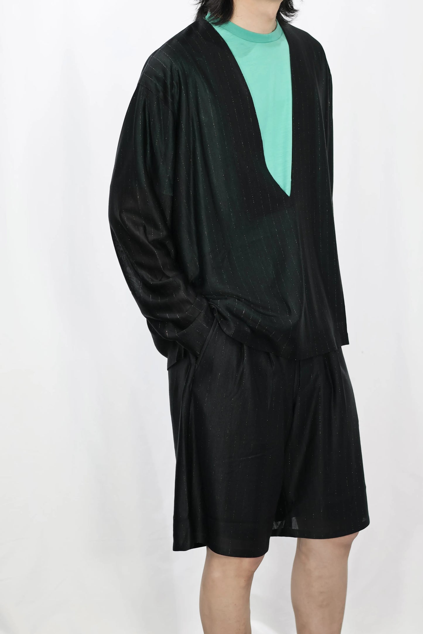 KANEMASA PHIL. - 28G Silk Ramie Glittery Stripe LS Tee - BLACK