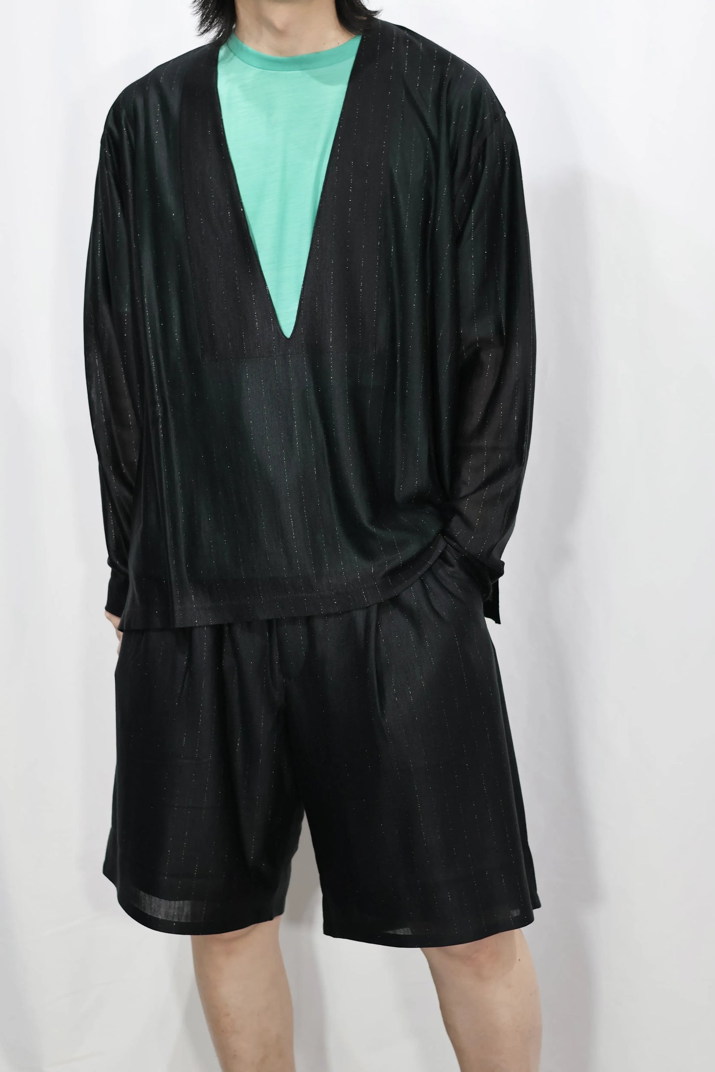 KANEMASA PHIL. - 28G Silk Ramie Glittery Stripe LS Tee - BLACK