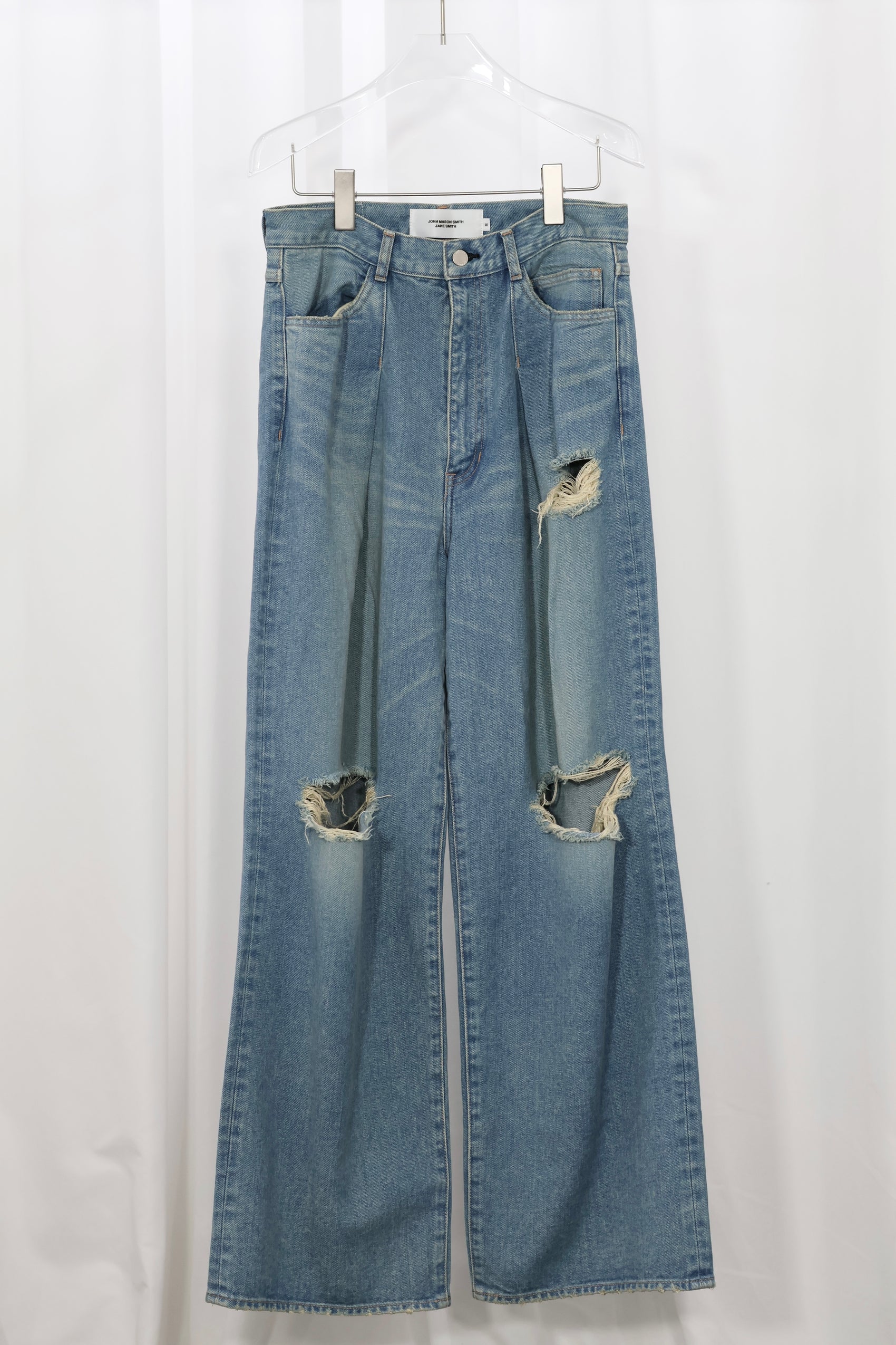 JOHN MASON SMITH / JANE SMITH - 14.5oz DENIM IN TUCK COMFORT TAPERED PANTS - INDIGO BLEACH WASH