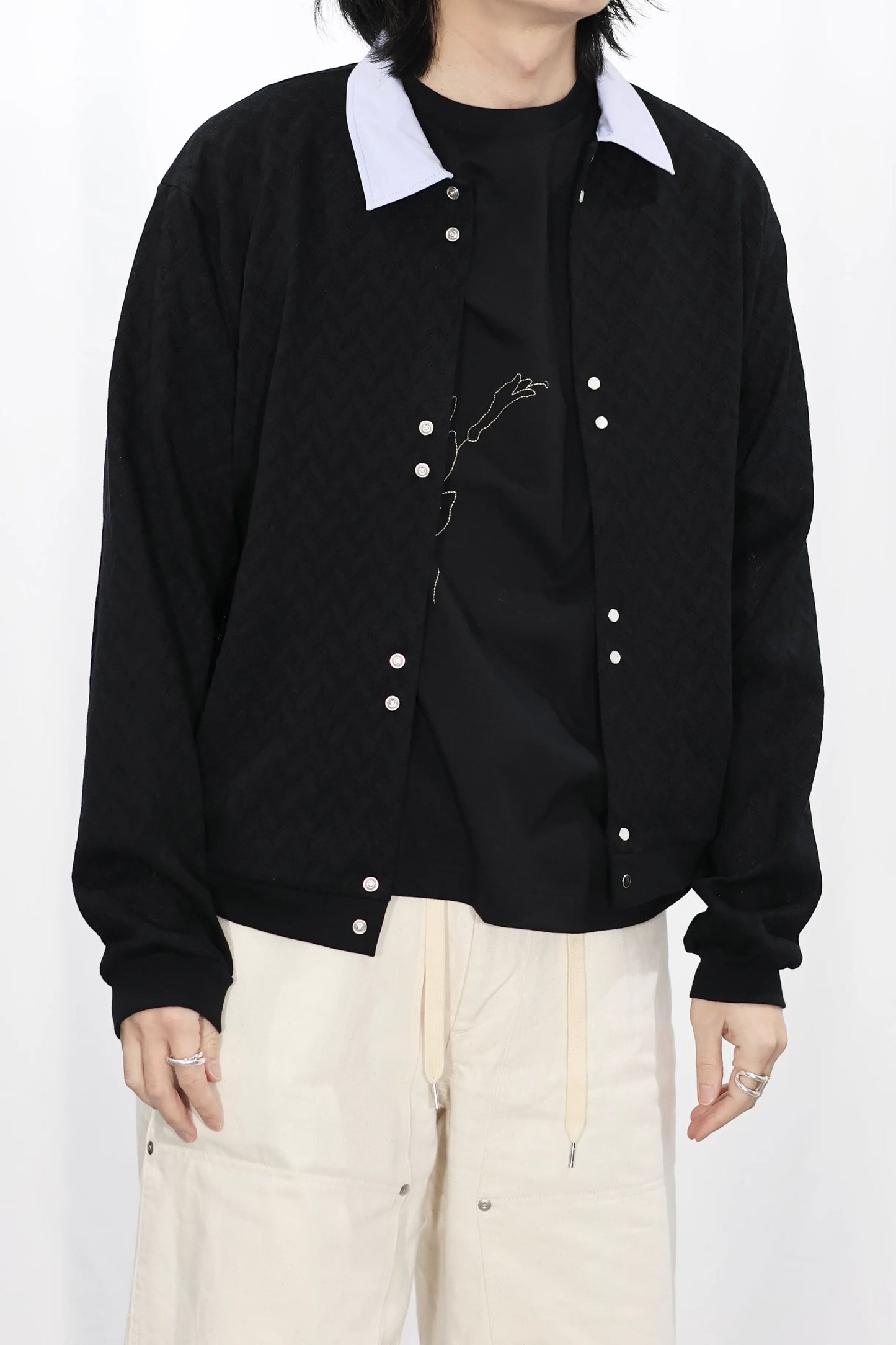 TANAKA - JERSEY CARDIGAN - BLACK HERRINGBONE