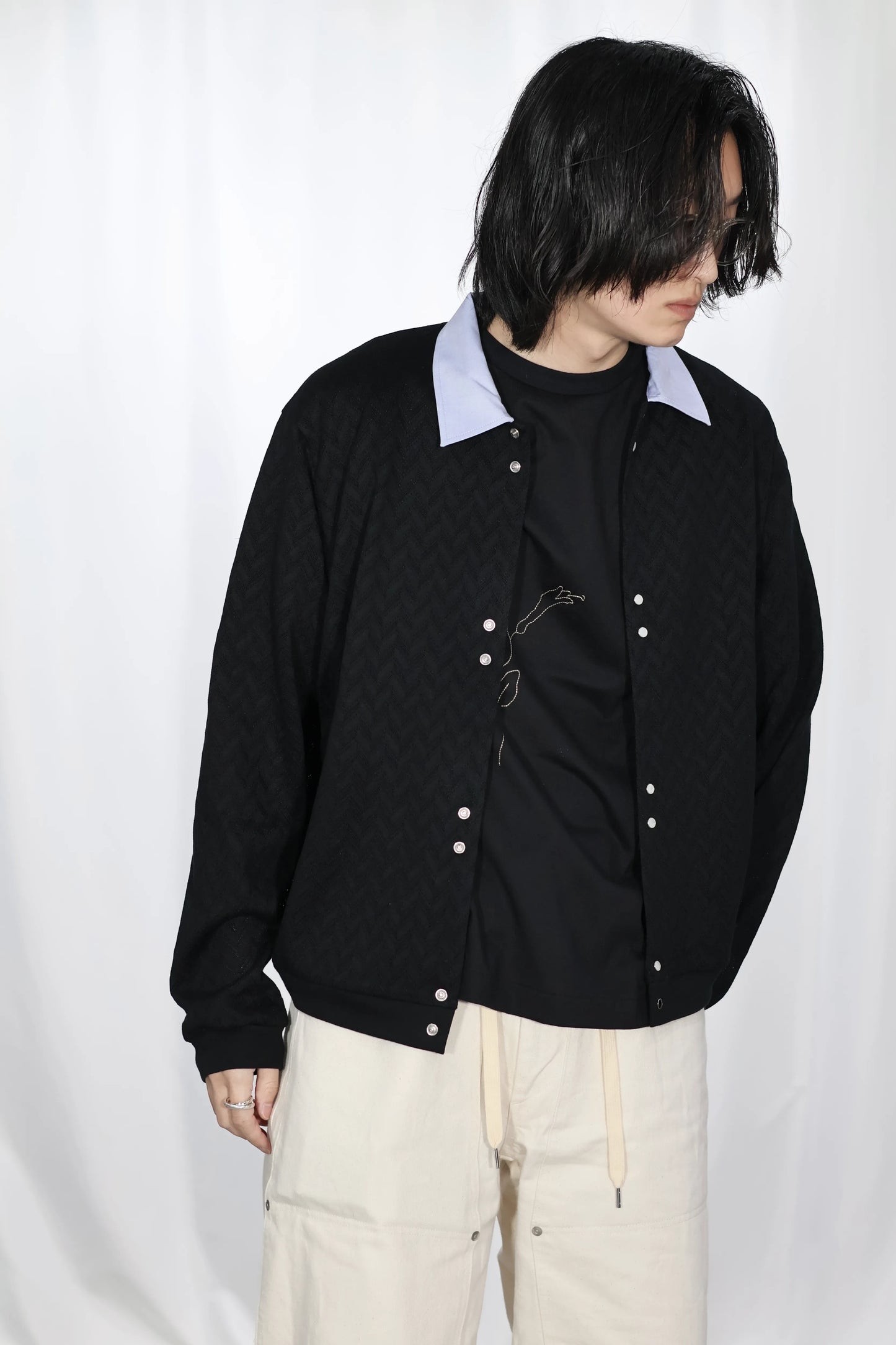 TANAKA - JERSEY CARDIGAN - BLACK HERRINGBONE
