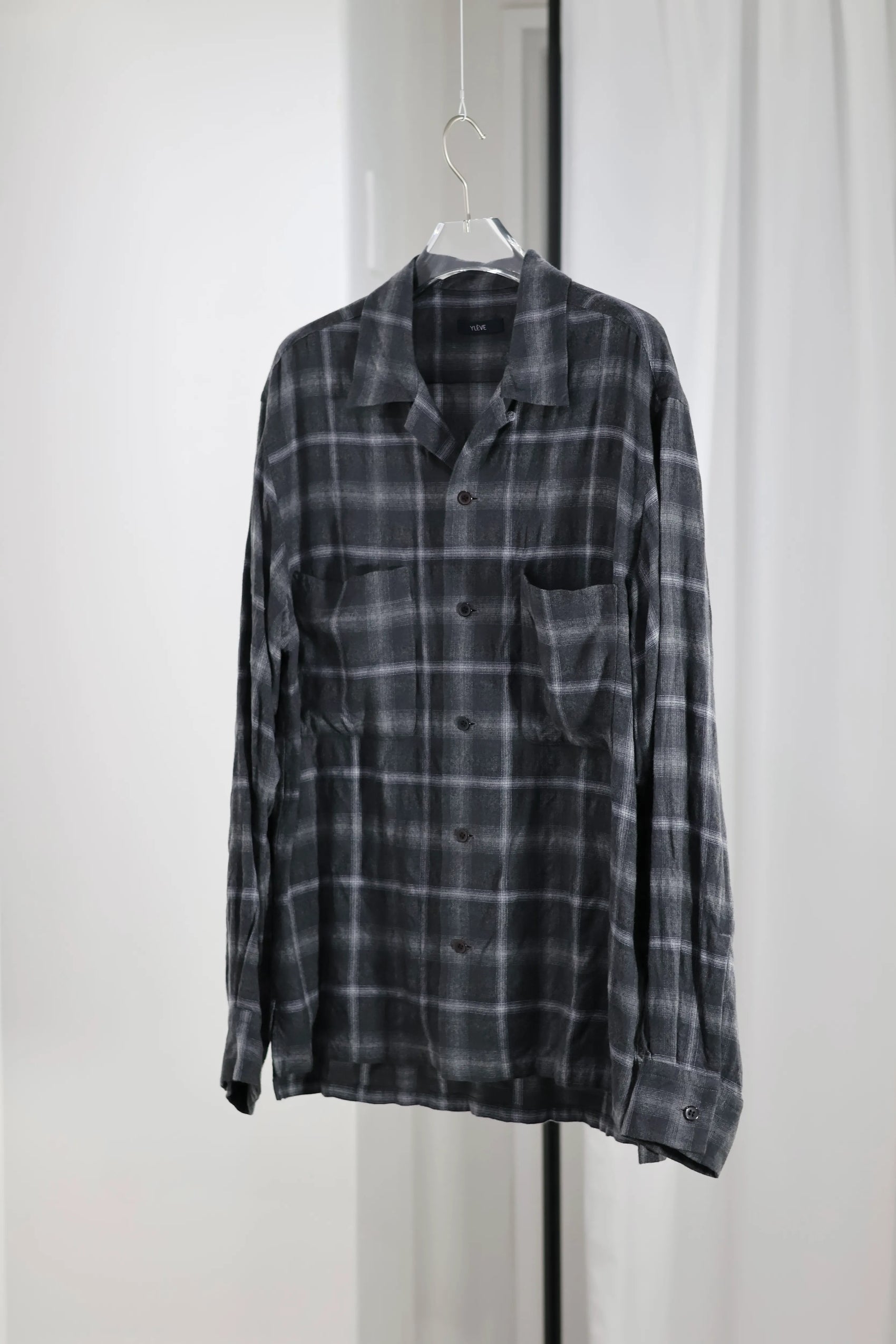 YLÈVE - BRUSHED RAYON CHECK OPEN/COLLAR SHIRT - GREY