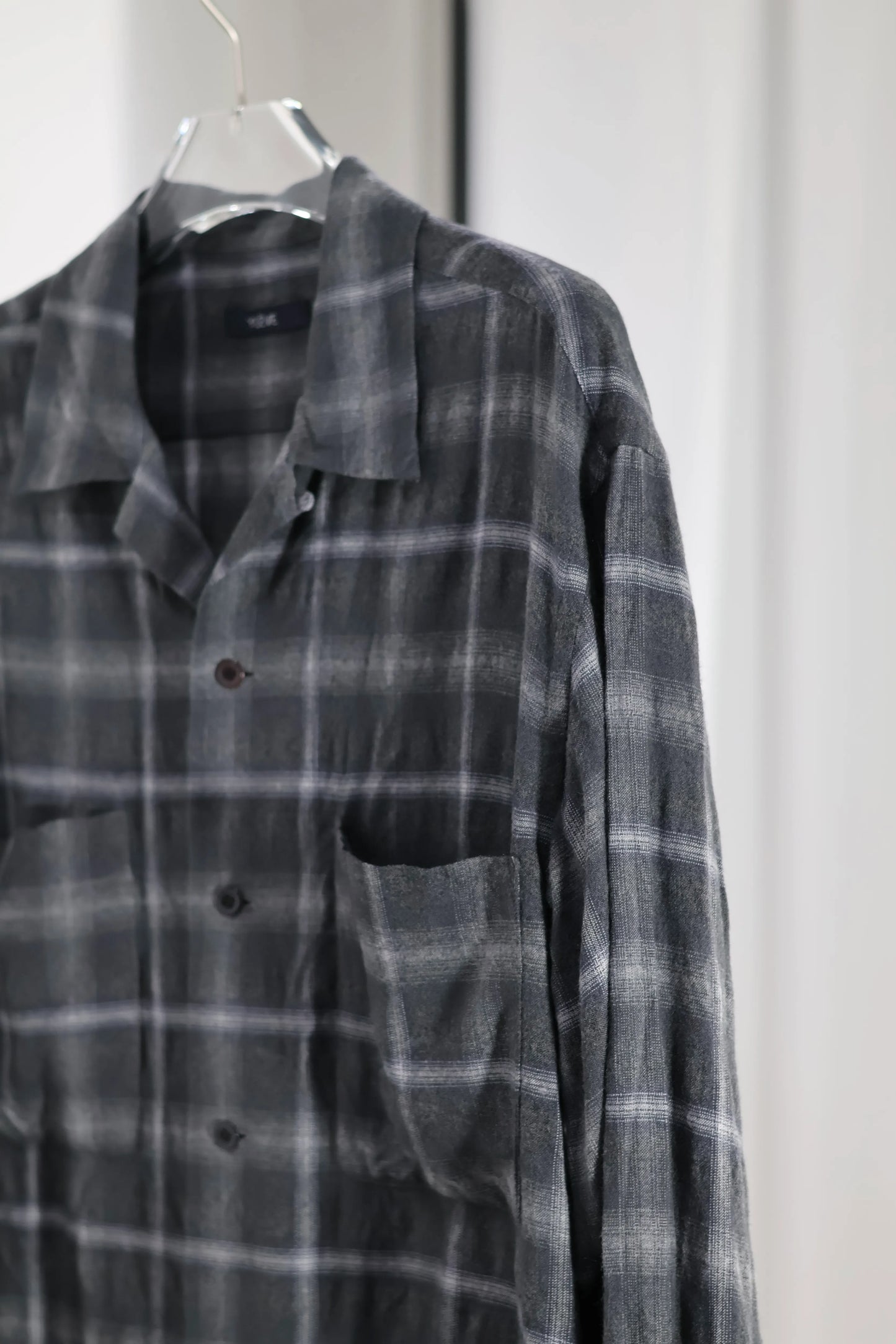 YLÈVE - BRUSHED RAYON CHECK OPEN/COLLAR SHIRT - GREY