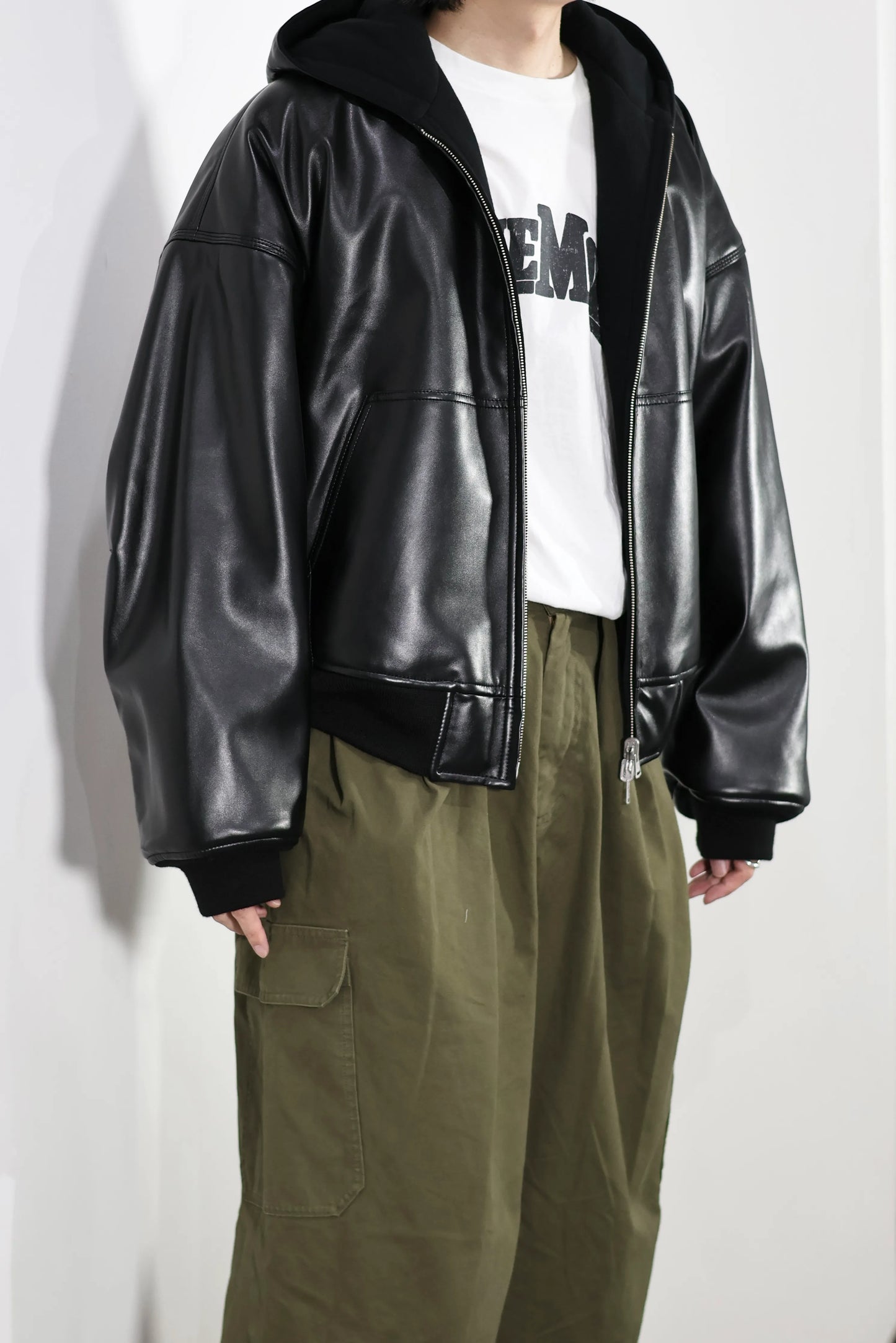 INSCRIRE - Leather Zip Up Hoodie - BLACK