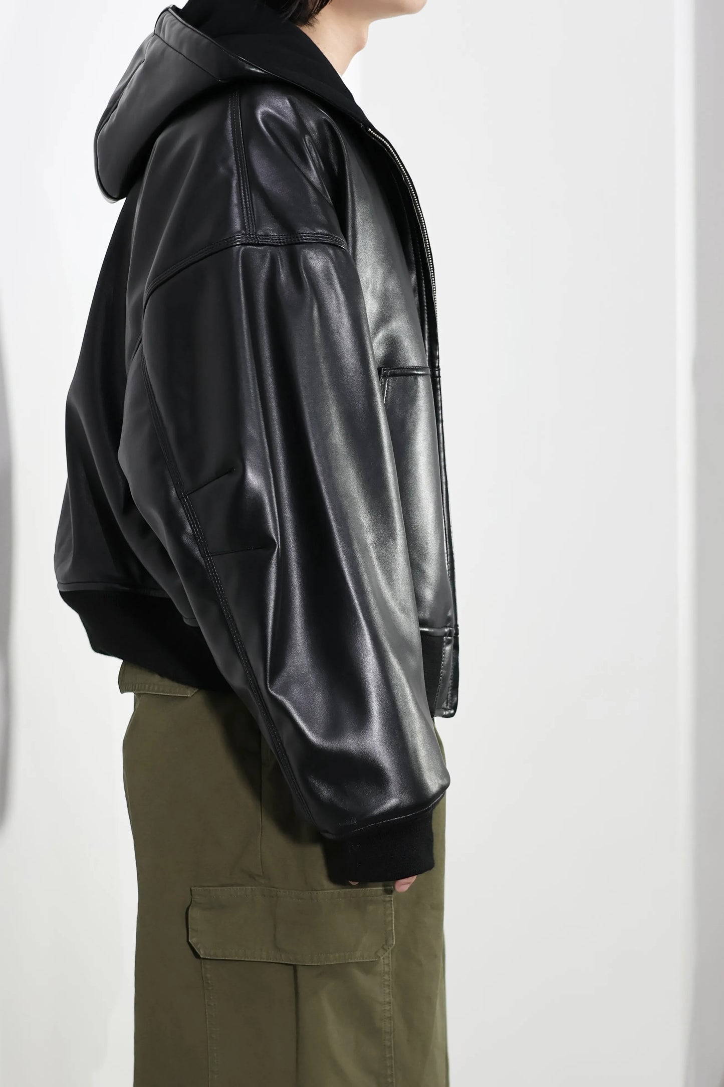 INSCRIRE - Leather Zip Up Hoodie - BLACK