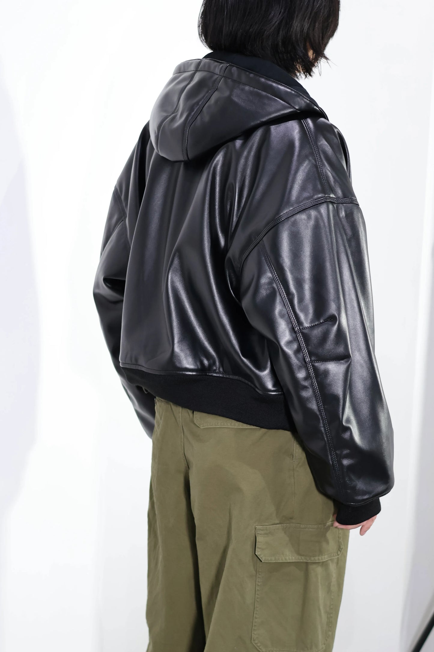 INSCRIRE - Leather Zip Up Hoodie - BLACK