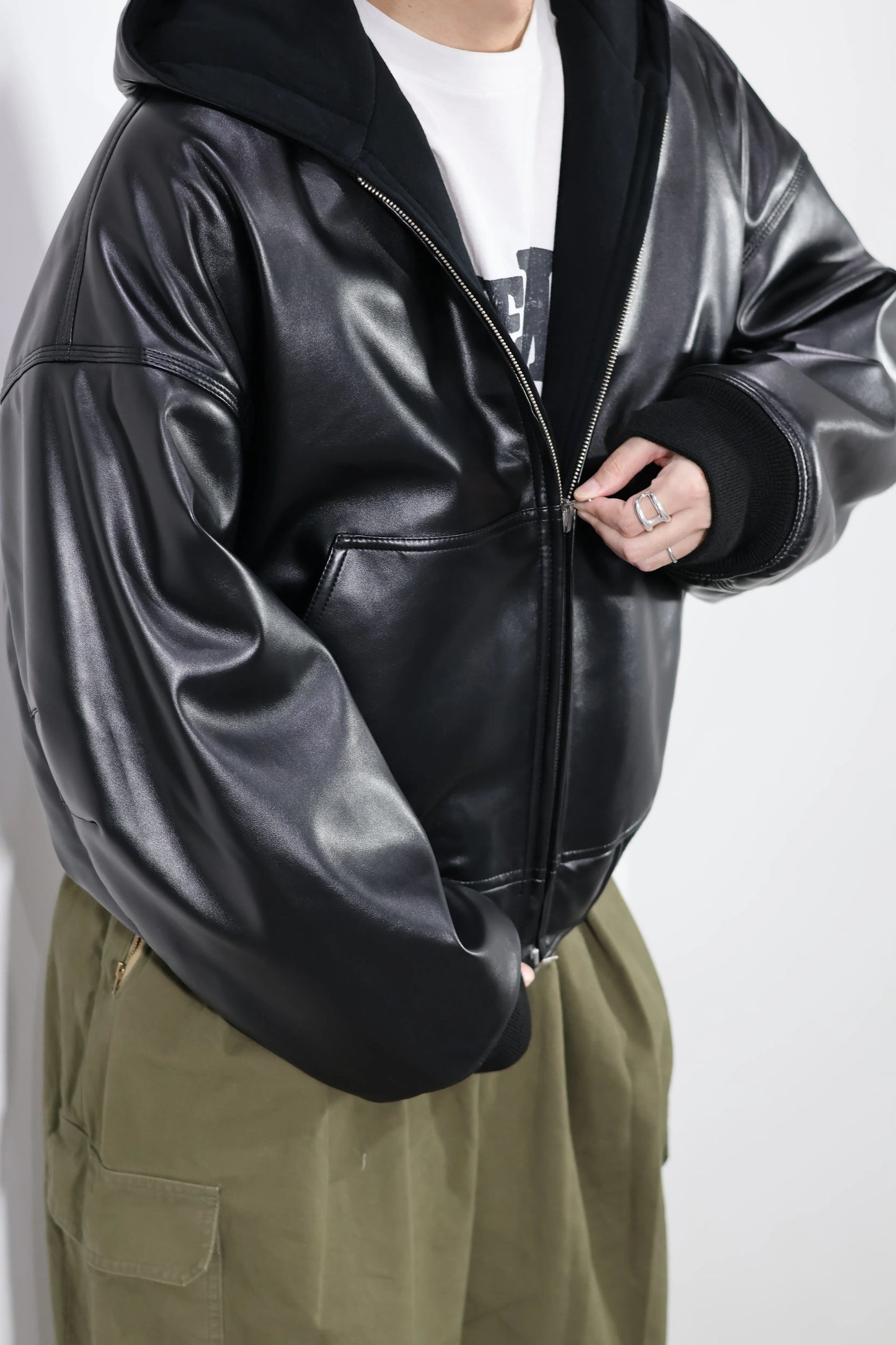 INSCRIRE - Leather Zip Up Hoodie - BLACK
