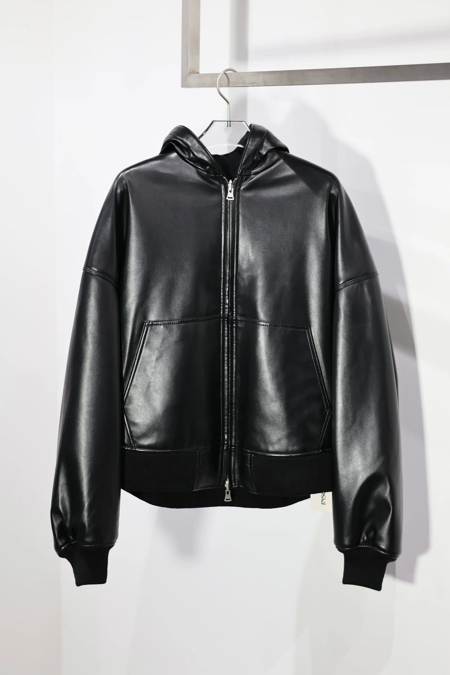 INSCRIRE - Leather Zip Up Hoodie - BLACK