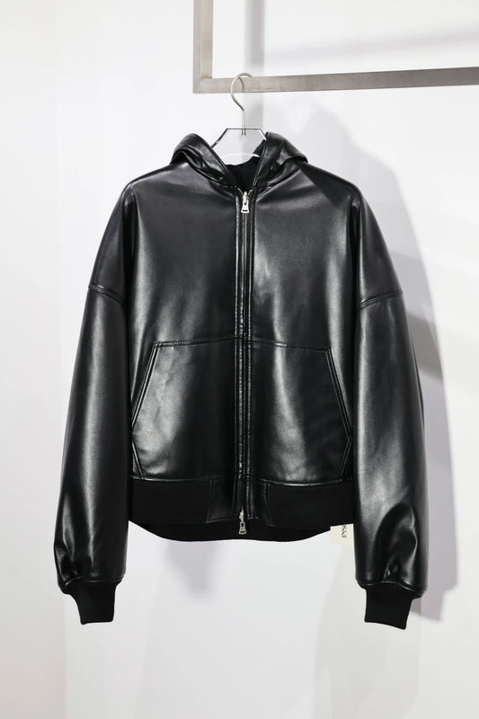 INSCRIRE - Leather Zip Up Hoodie - BLACK