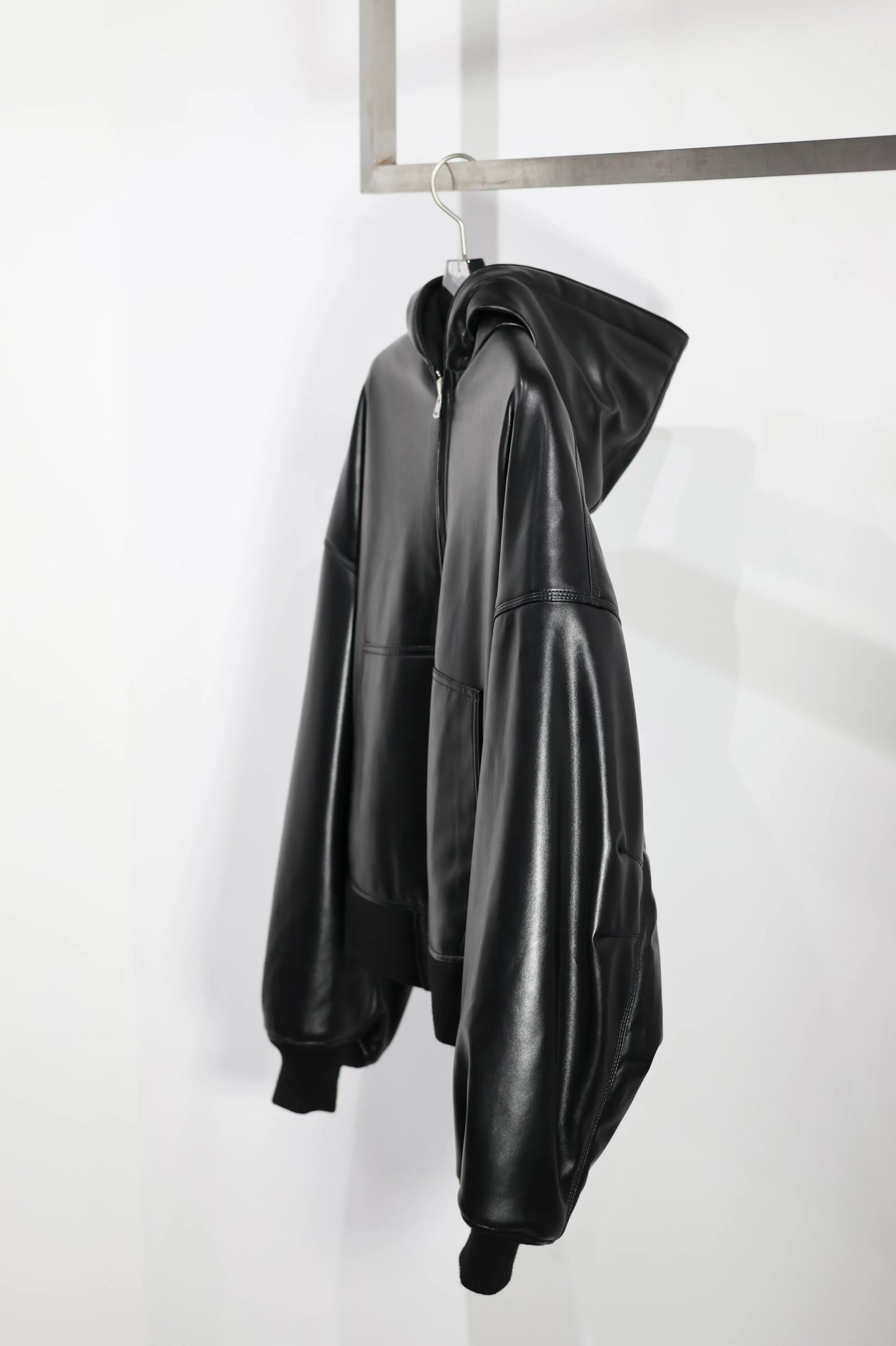 INSCRIRE - Leather Zip Up Hoodie - BLACK