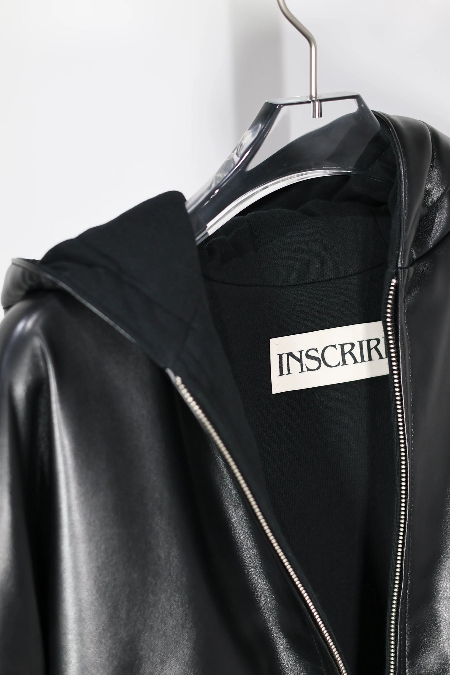 INSCRIRE - Leather Zip Up Hoodie - BLACK