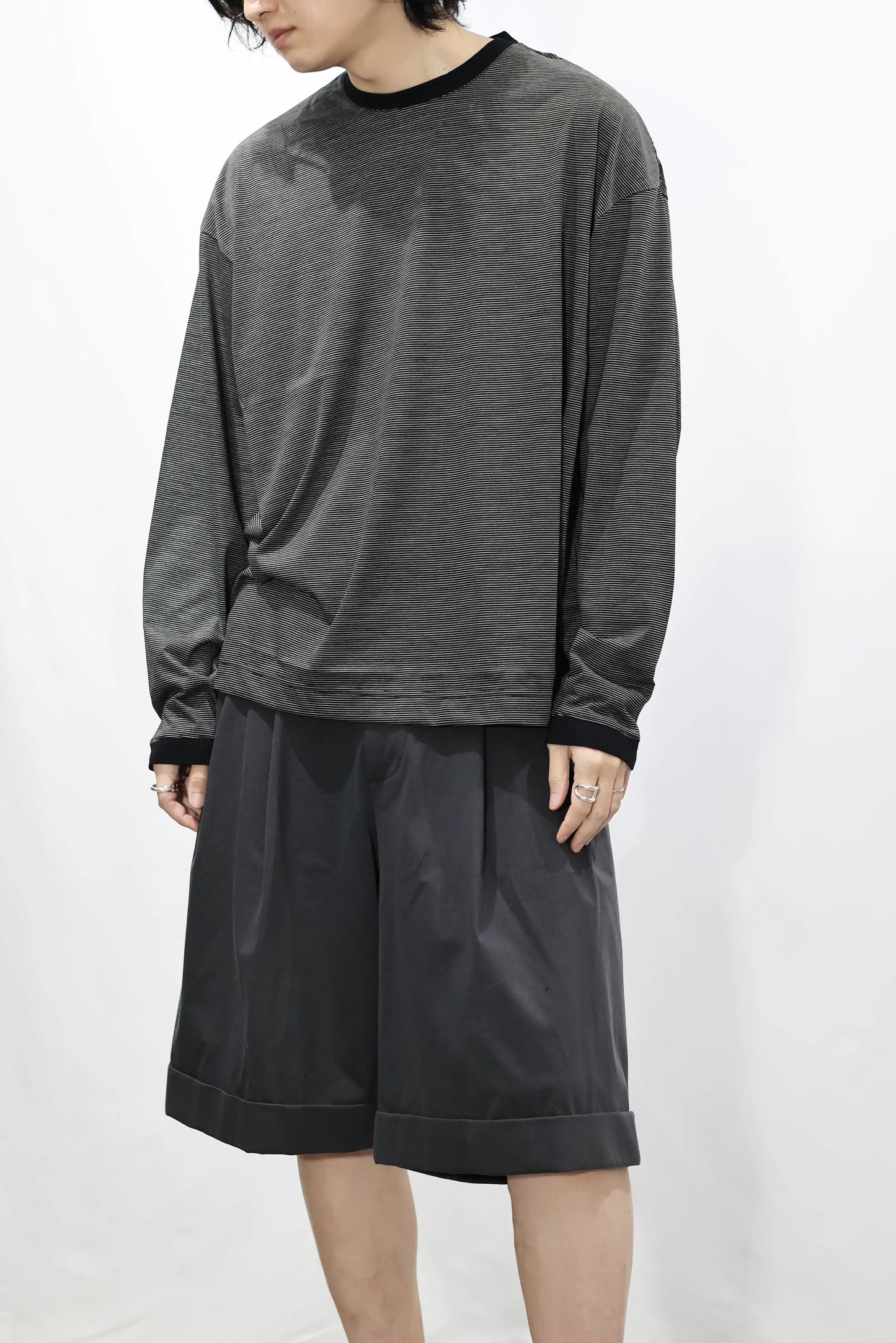 KANEMASA PHIL. - 36G Wool Stripe LS Tee - BLACK