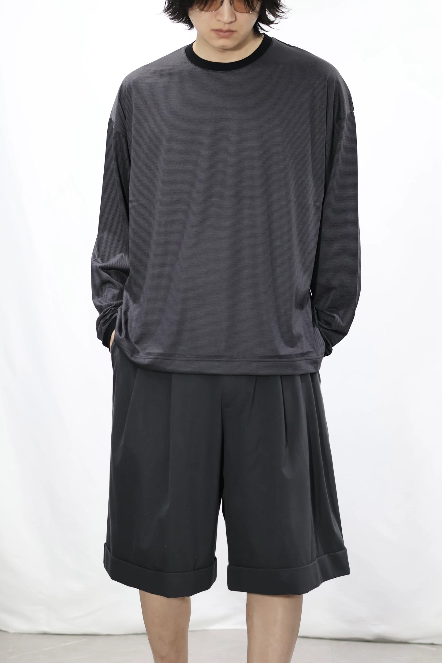 KANEMASA PHIL. - 36G Wool Stripe LS Tee - CHARCOAL