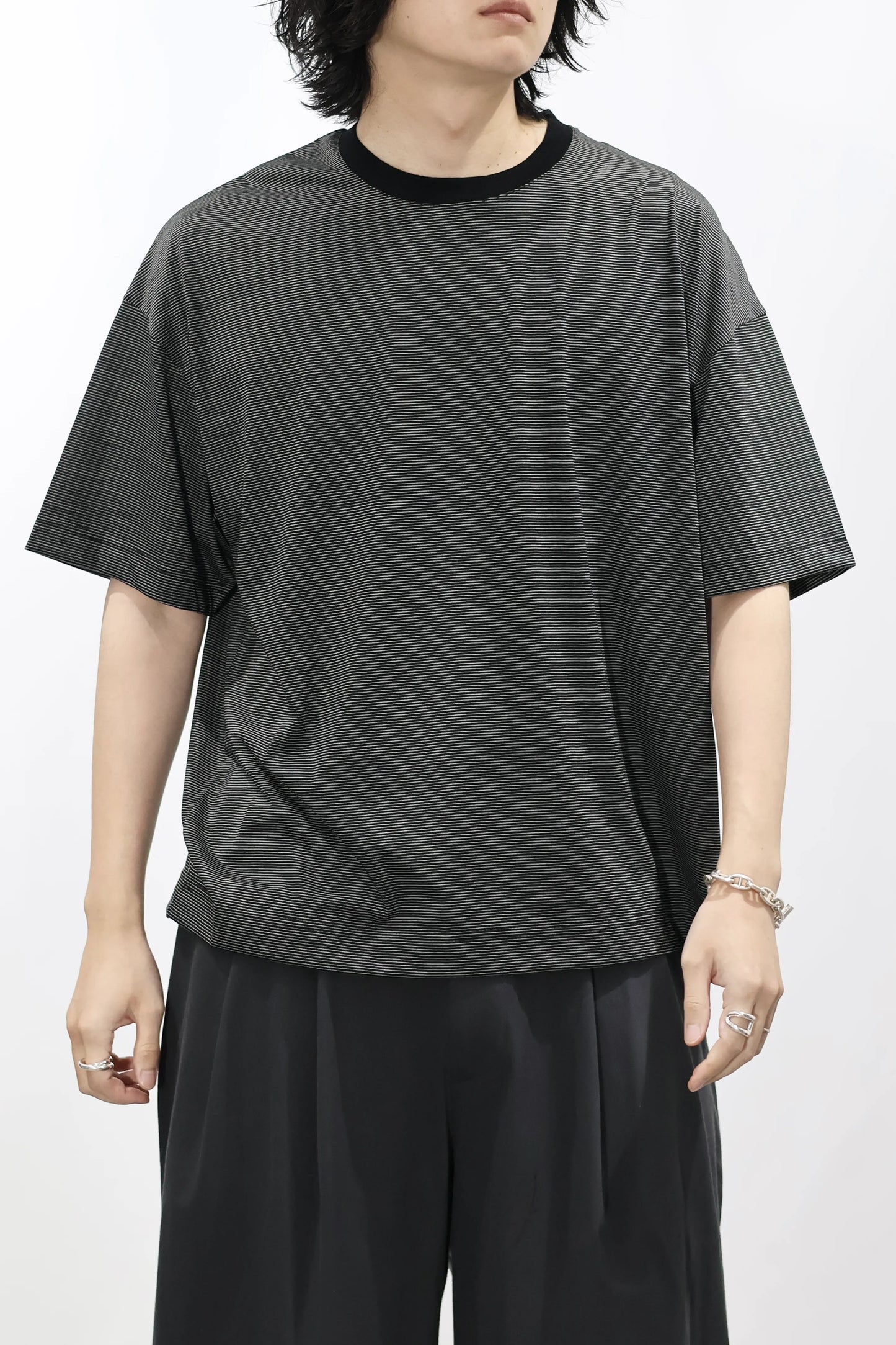 KANEMASA PHIL. - 32G Wool Stripe SS Tee - BLACK