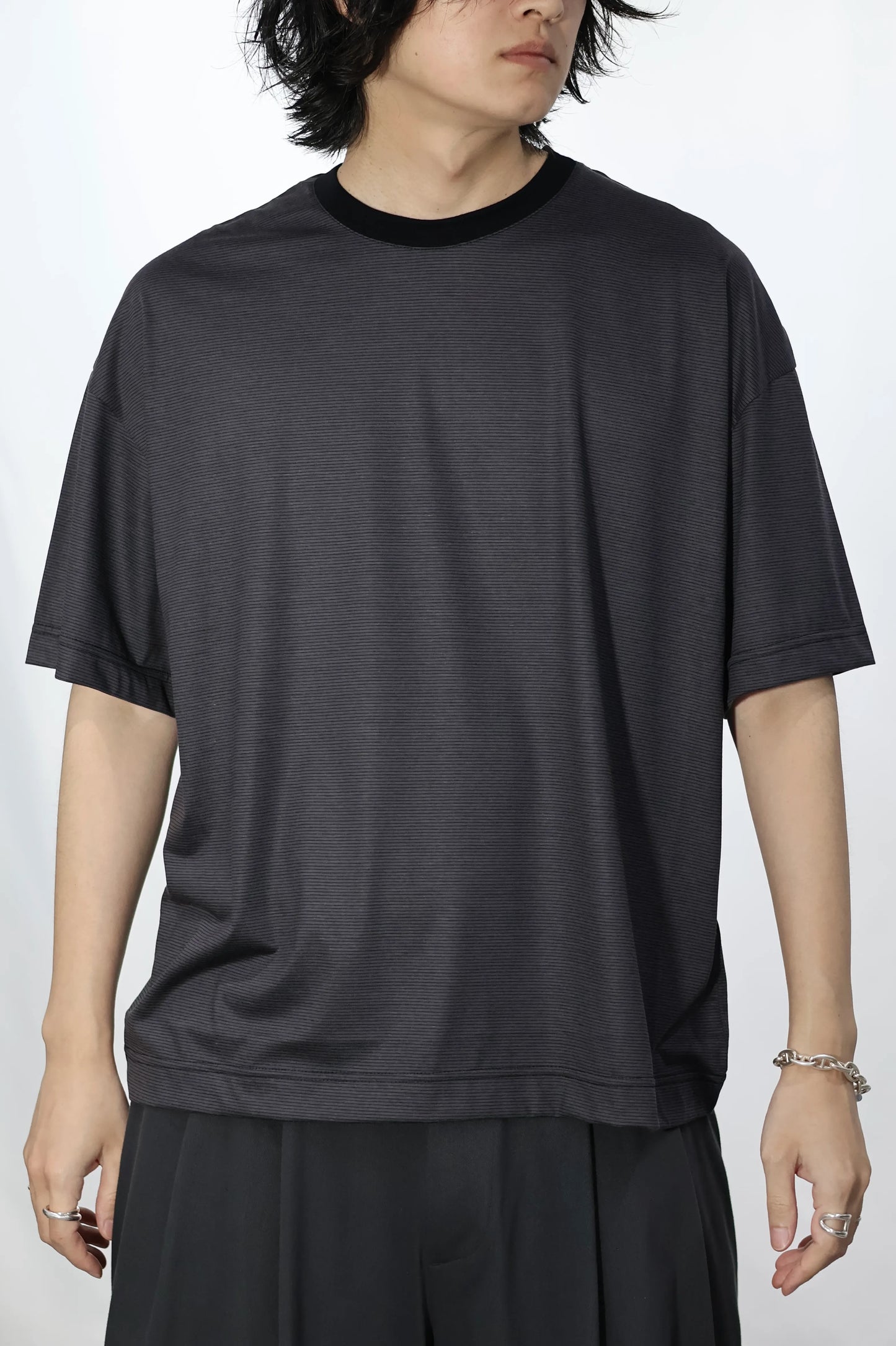 KANEMASA PHIL. - 32G Wool Stripe SS Tee - CHARCOAL