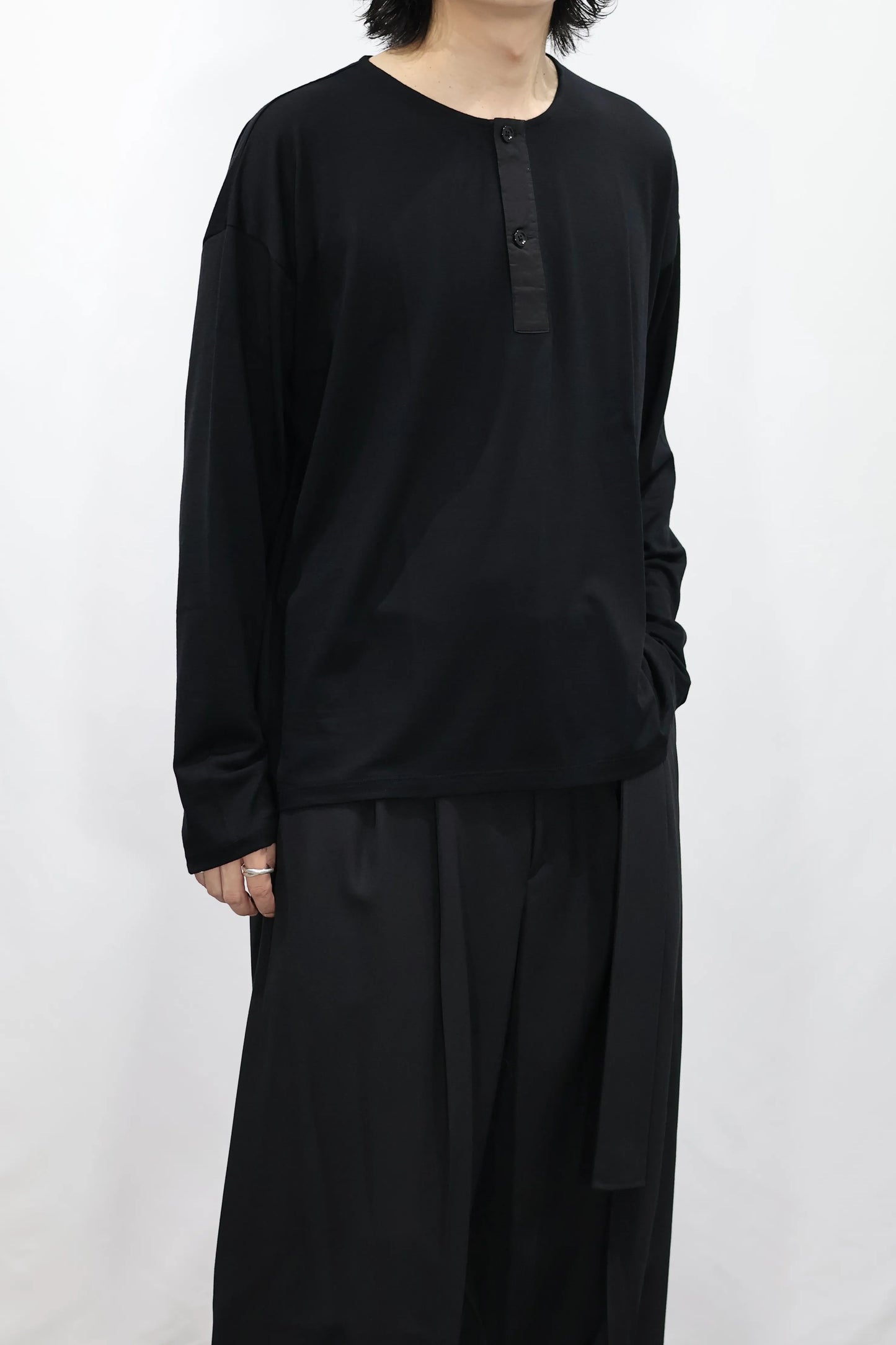 08sircus - Wool jersey henley neck top - BLACK