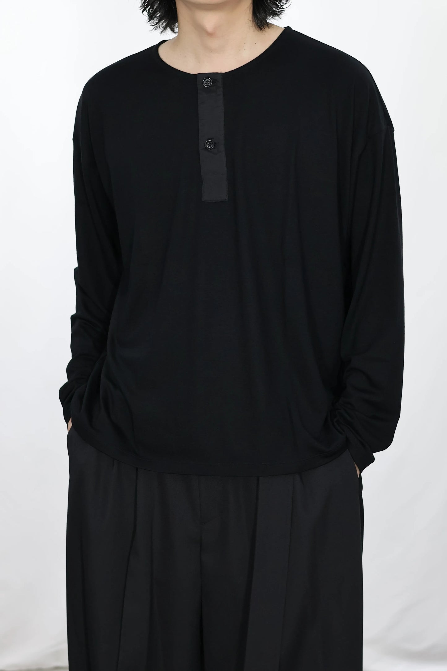 08sircus - Wool jersey henley neck top - BLACK