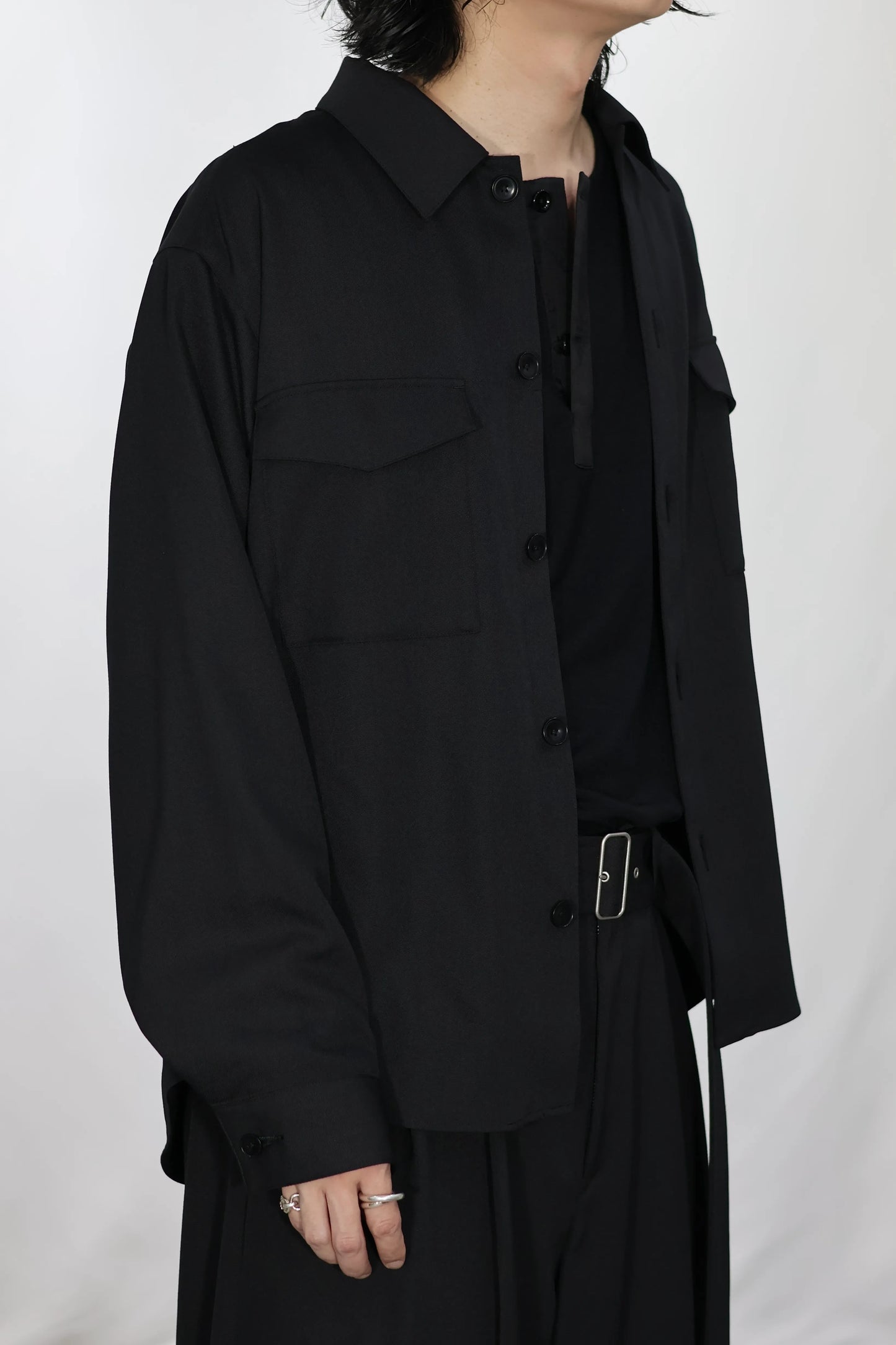 08sircus - Wool jersey henley neck top - BLACK