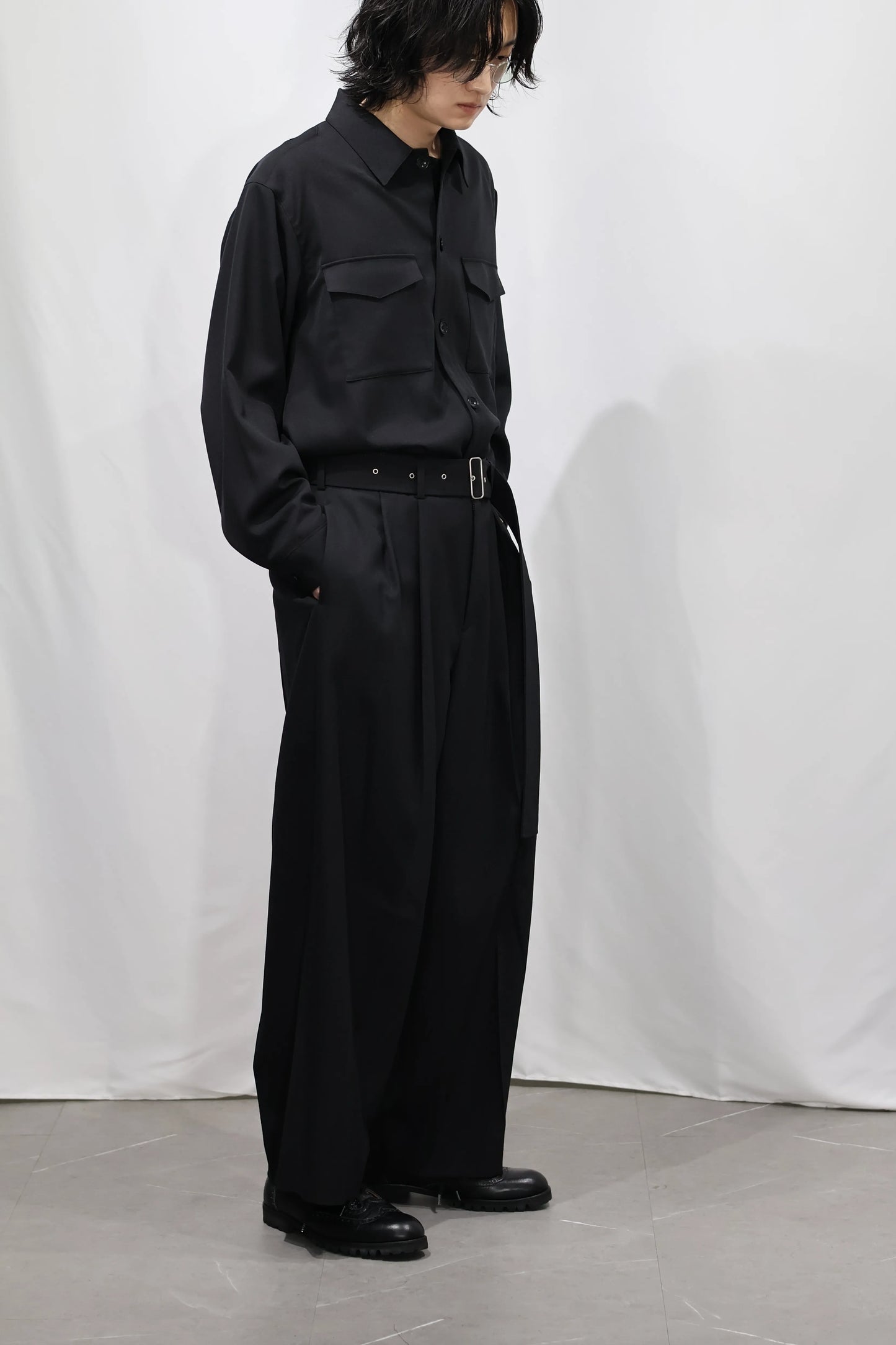 08sircus - Dobby cloth 2tuck belted wide pants - BLACK