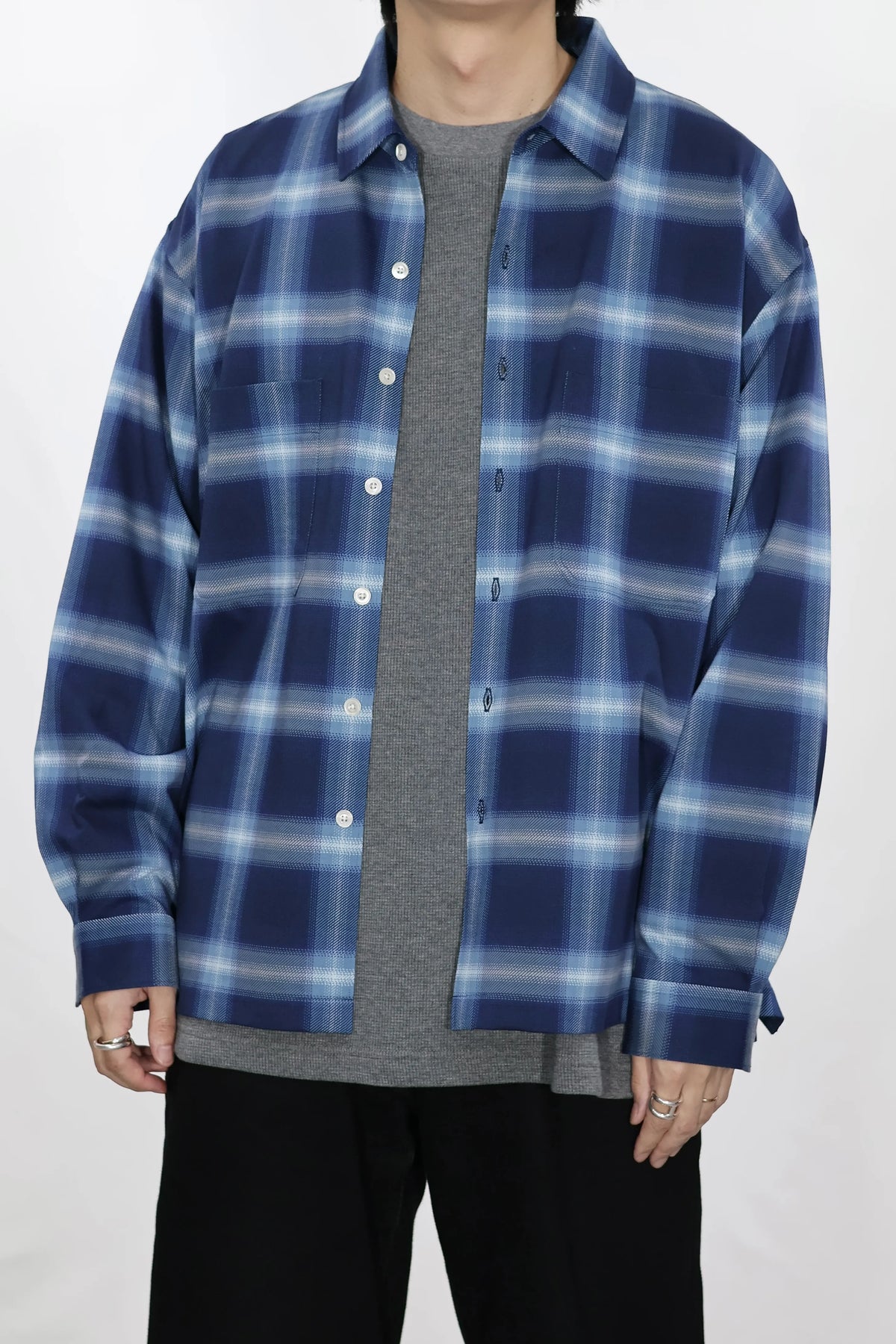 KANEMASA PHIL. - 28G Ombre Check Balise Shirt - NAVY BLUE