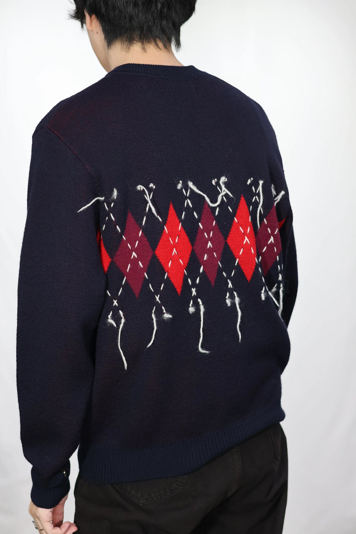 JOHN MASON SMITH / JANE SMITH - 7G DOUBLE JACQUARD ARGYLE V NECK SWEATER - NAVY