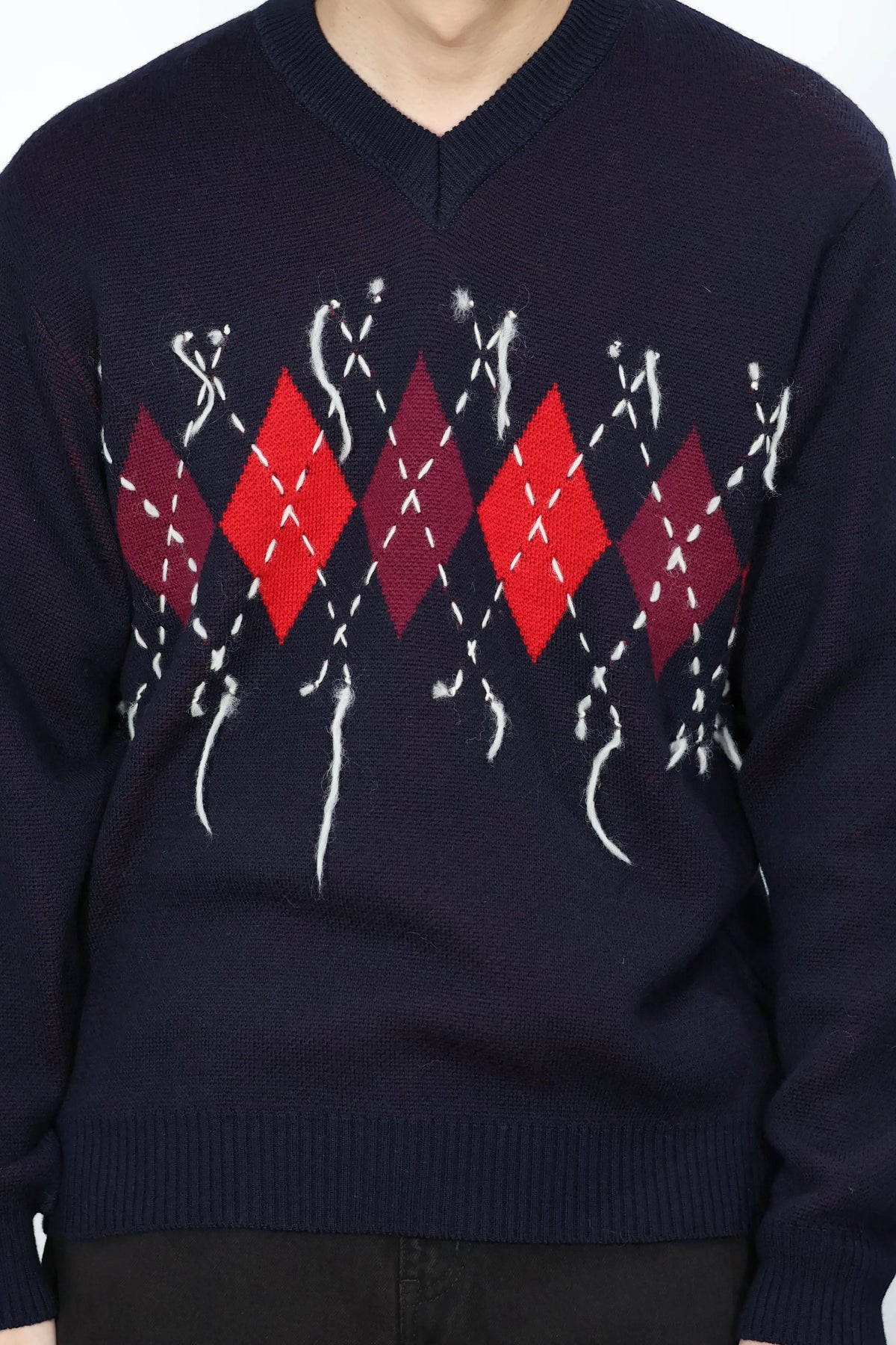 JOHN MASON SMITH / JANE SMITH - 7G DOUBLE JACQUARD ARGYLE V NECK SWEATER - NAVY