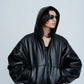INSCRIRE - Leather Zip Up Hoodie - BLACK