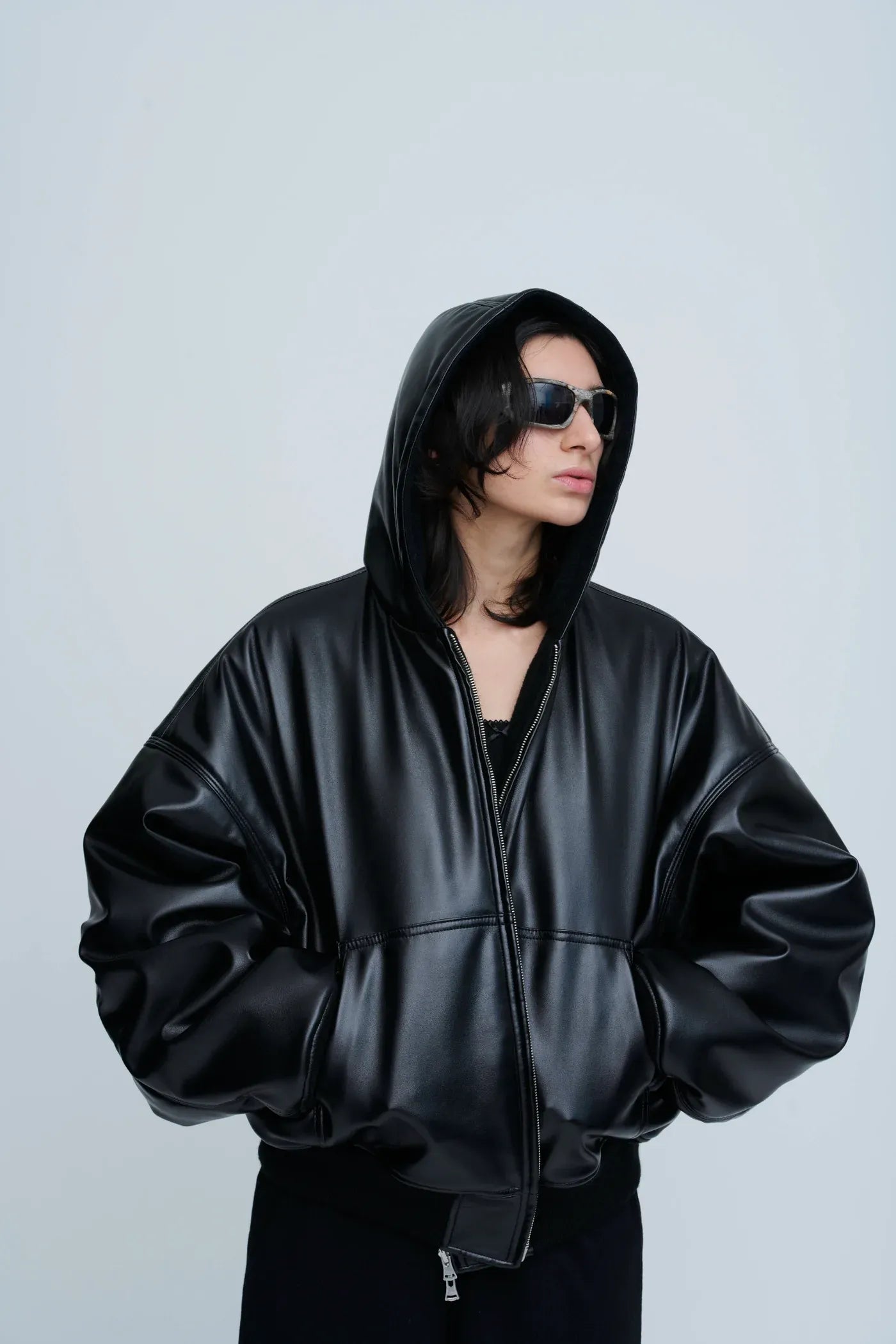 INSCRIRE - Leather Zip Up Hoodie - BLACK