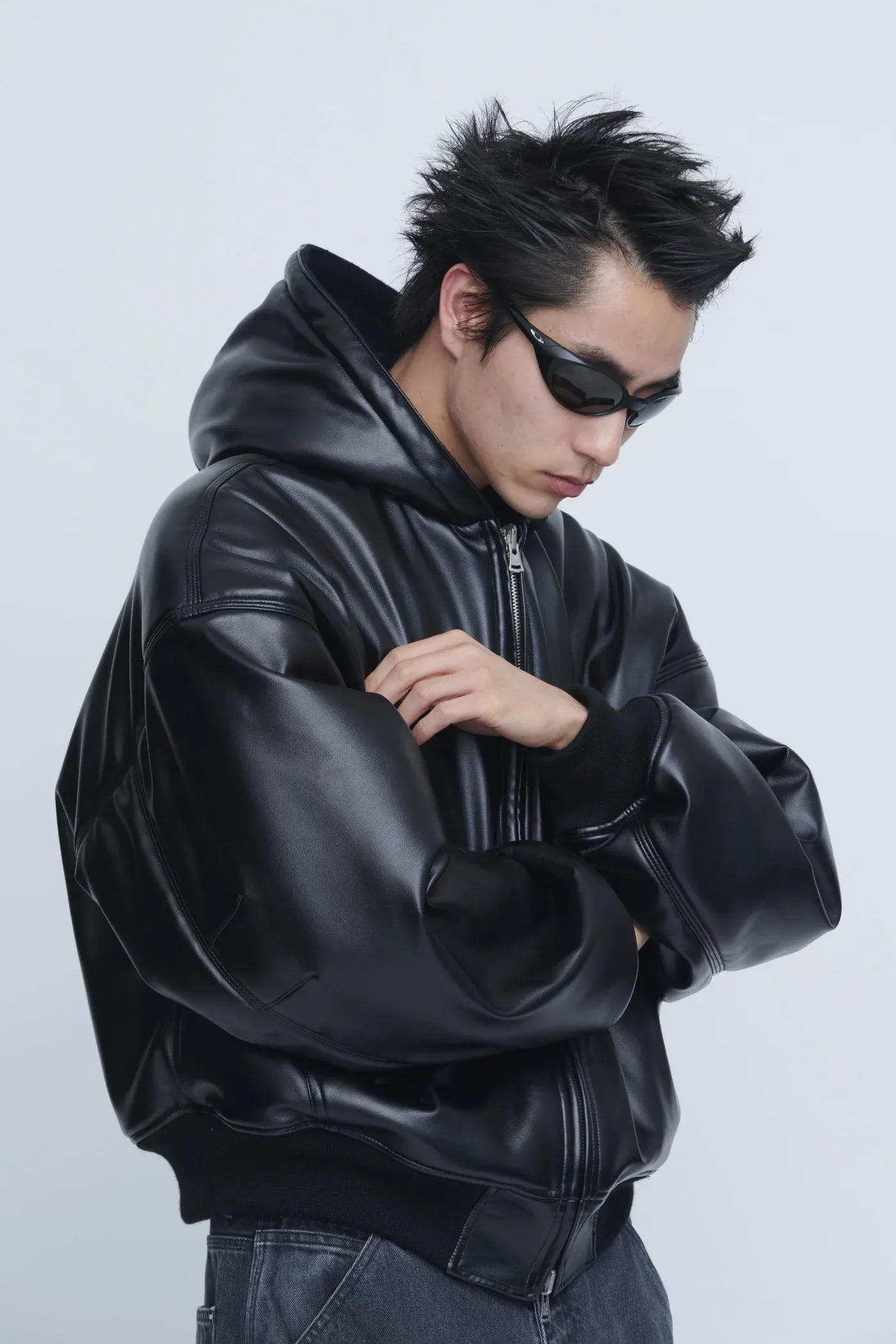 INSCRIRE - Leather Zip Up Hoodie - BLACK
