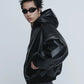 INSCRIRE - Leather Zip Up Hoodie - BLACK