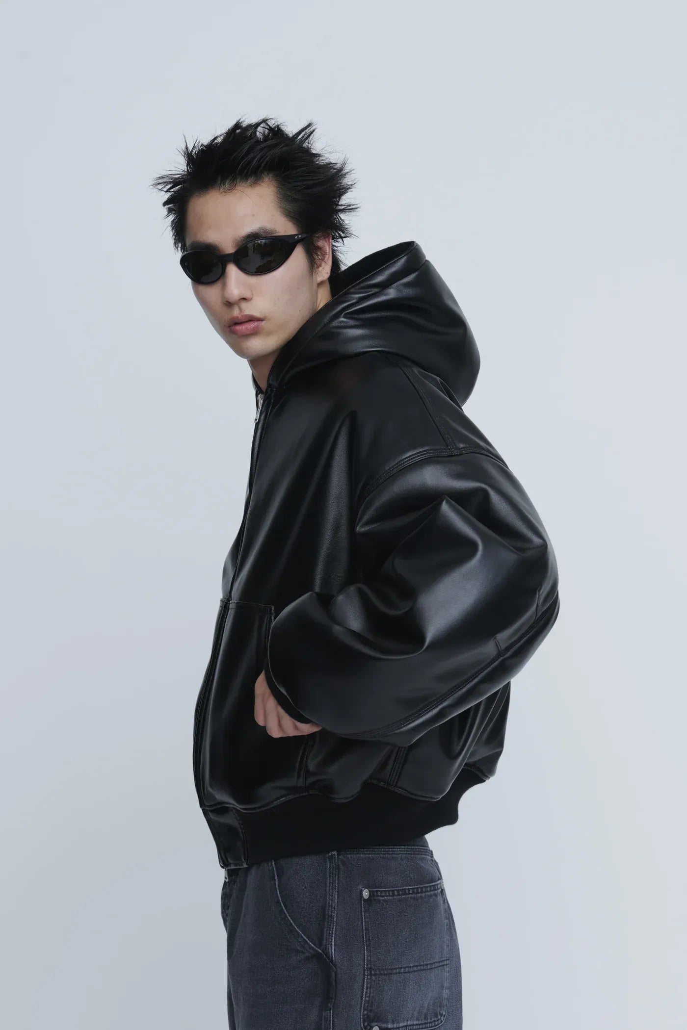 INSCRIRE - Leather Zip Up Hoodie - BLACK