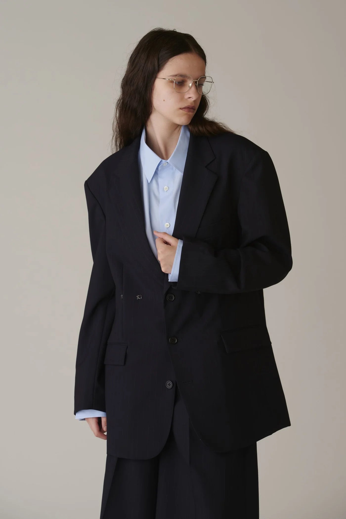 INSCRIRE - Wool 2-way Over Size Jacket - NAVY STRIPE