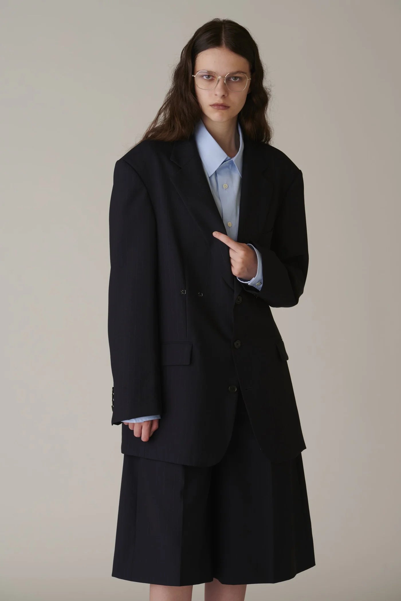INSCRIRE - Wool 2-way Over Size Jacket - NAVY STRIPE